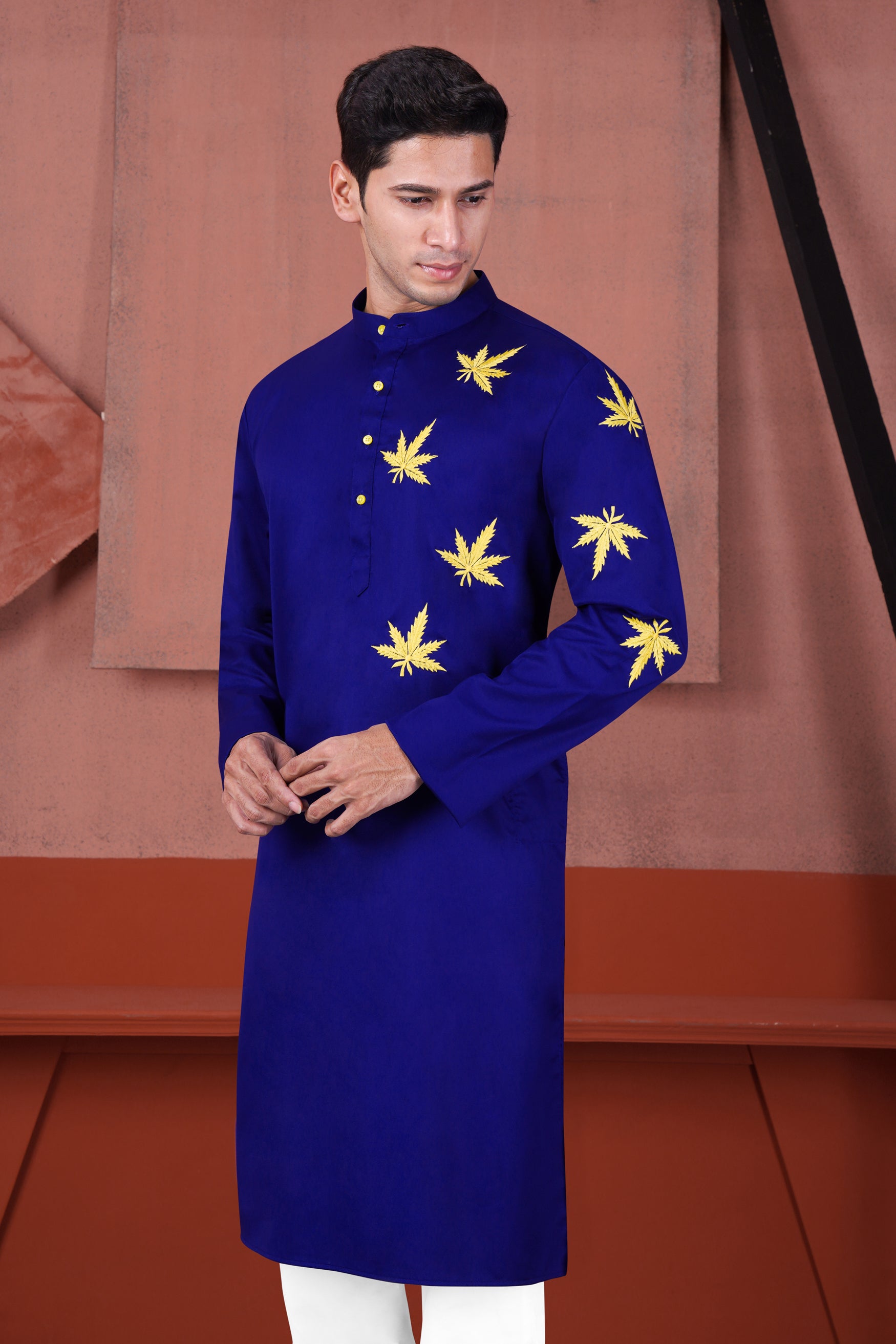 Arapawa Blue with Leaves Embroidered Subtle Sheen Super Soft Premium Cotton Designer Kurta Set