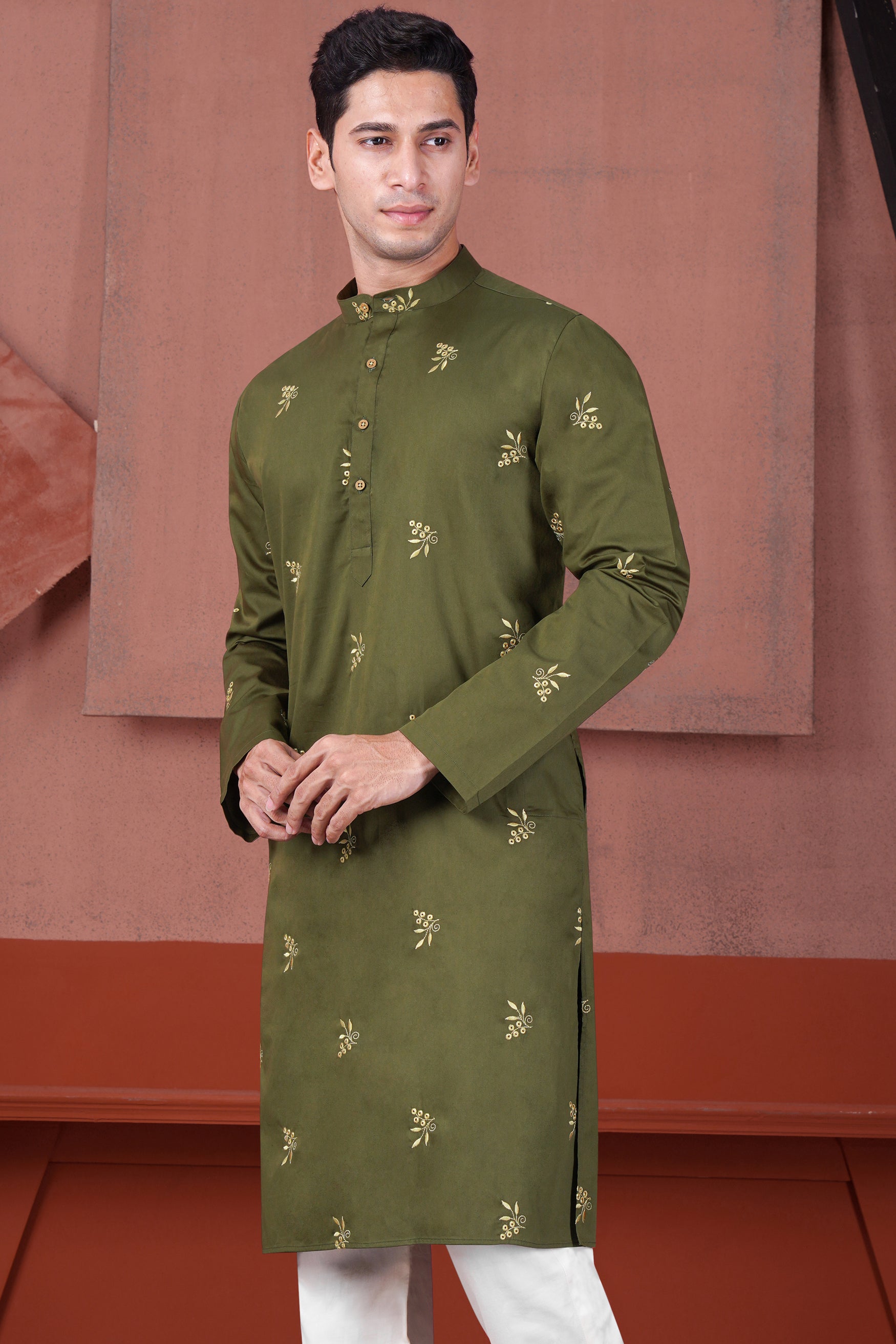 Hemlock Green Floral Embroidered Subtle Sheen Super Soft Premium Cotton Designer Kurta