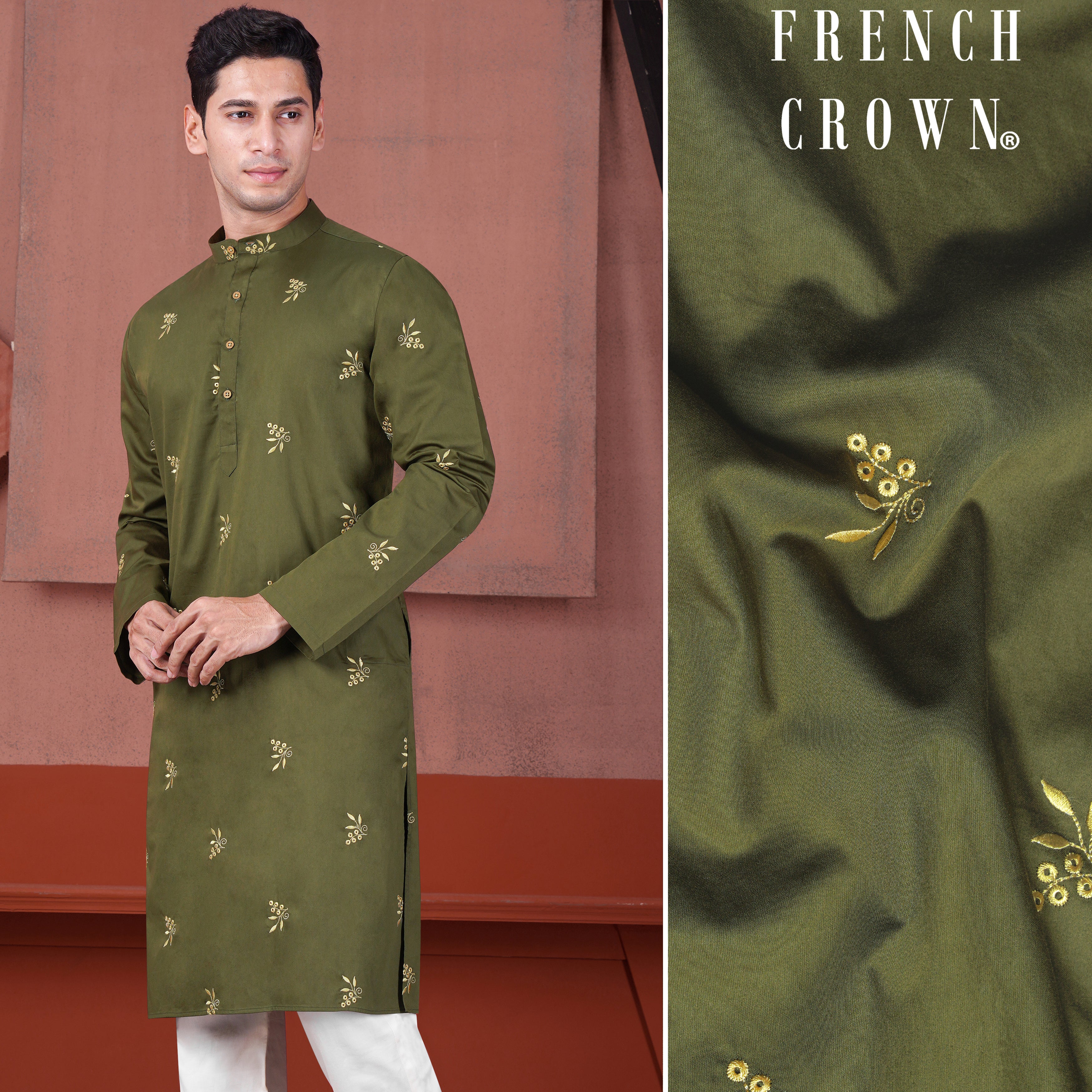 Hemlock Green Floral Embroidered Subtle Sheen Super Soft Premium Cotton Designer Kurta