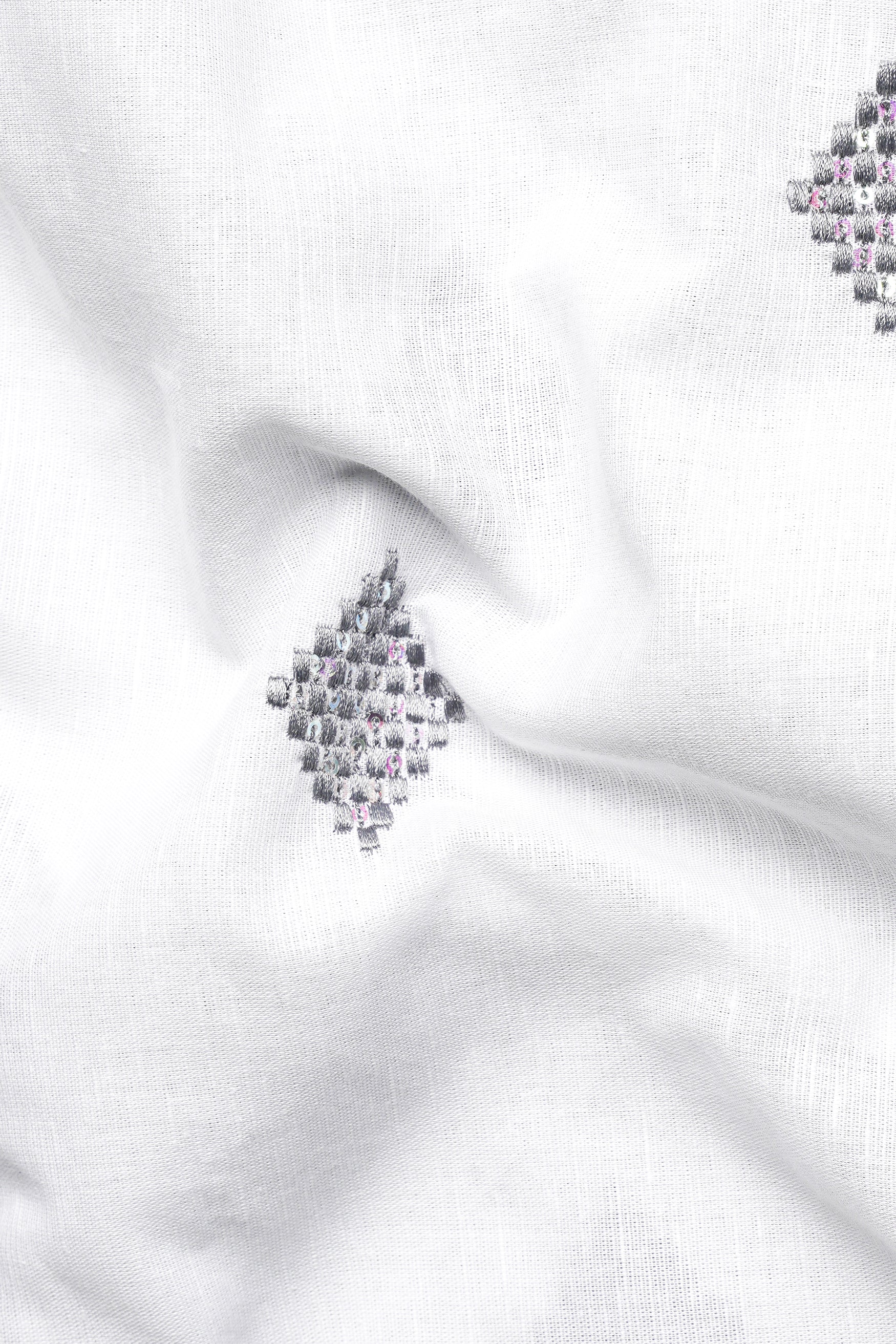 Bright White Geometric Embroidered Luxurious Linen Kurta Set