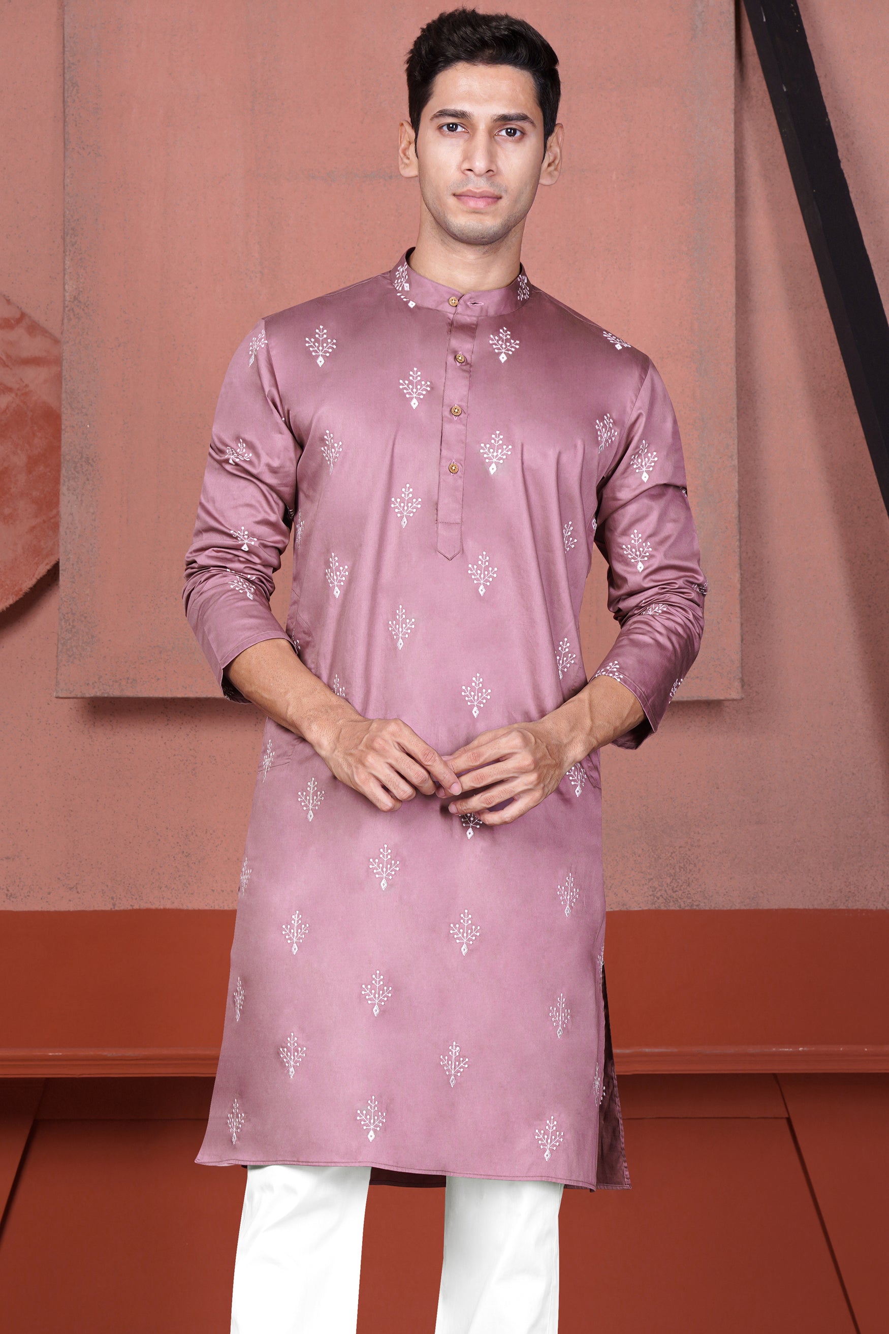 Orchid Pink Leaves Embroidered Viscose Designer Kurta