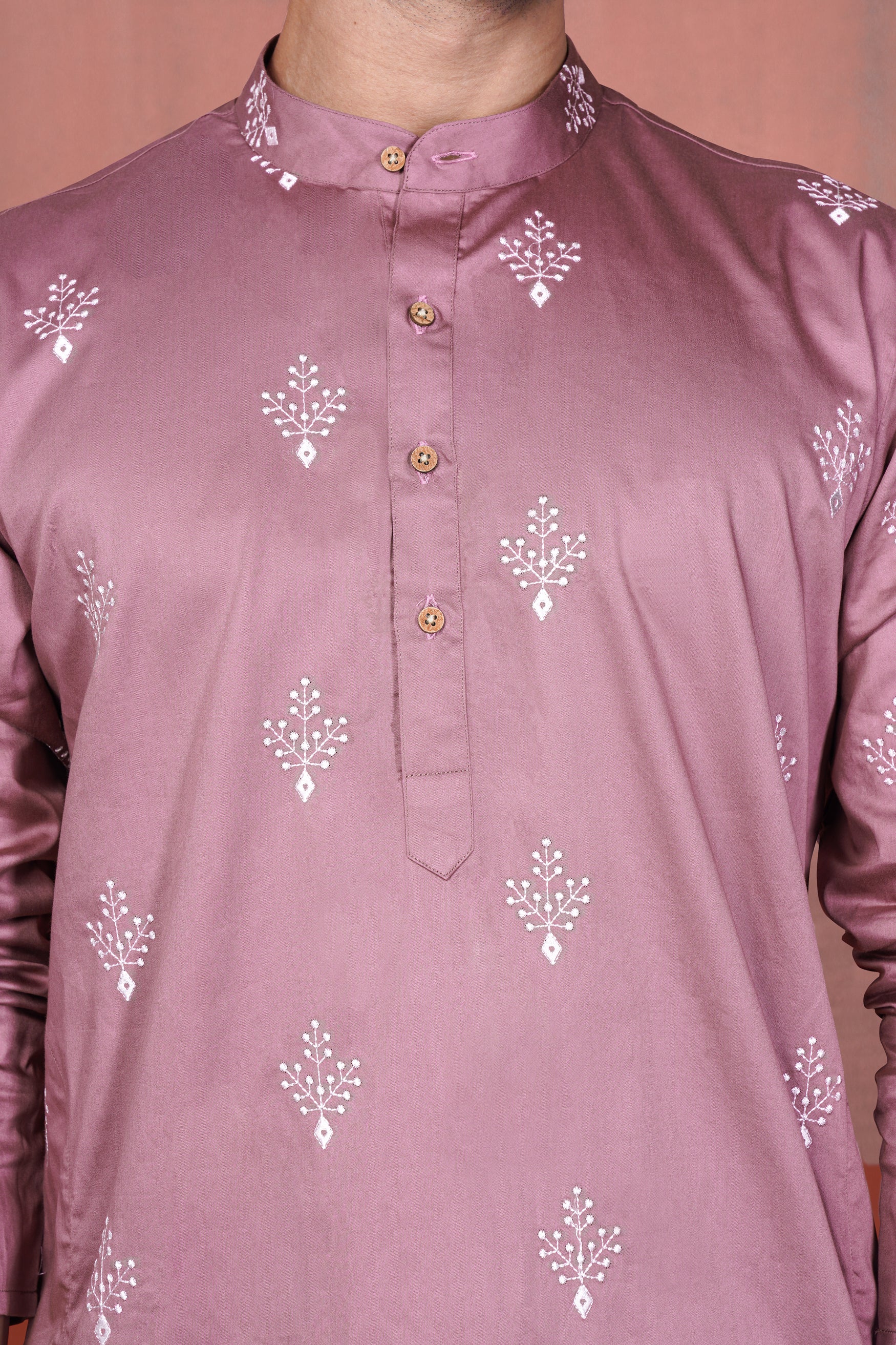 Orchid Pink Leaves Embroidered Viscose Designer Kurta