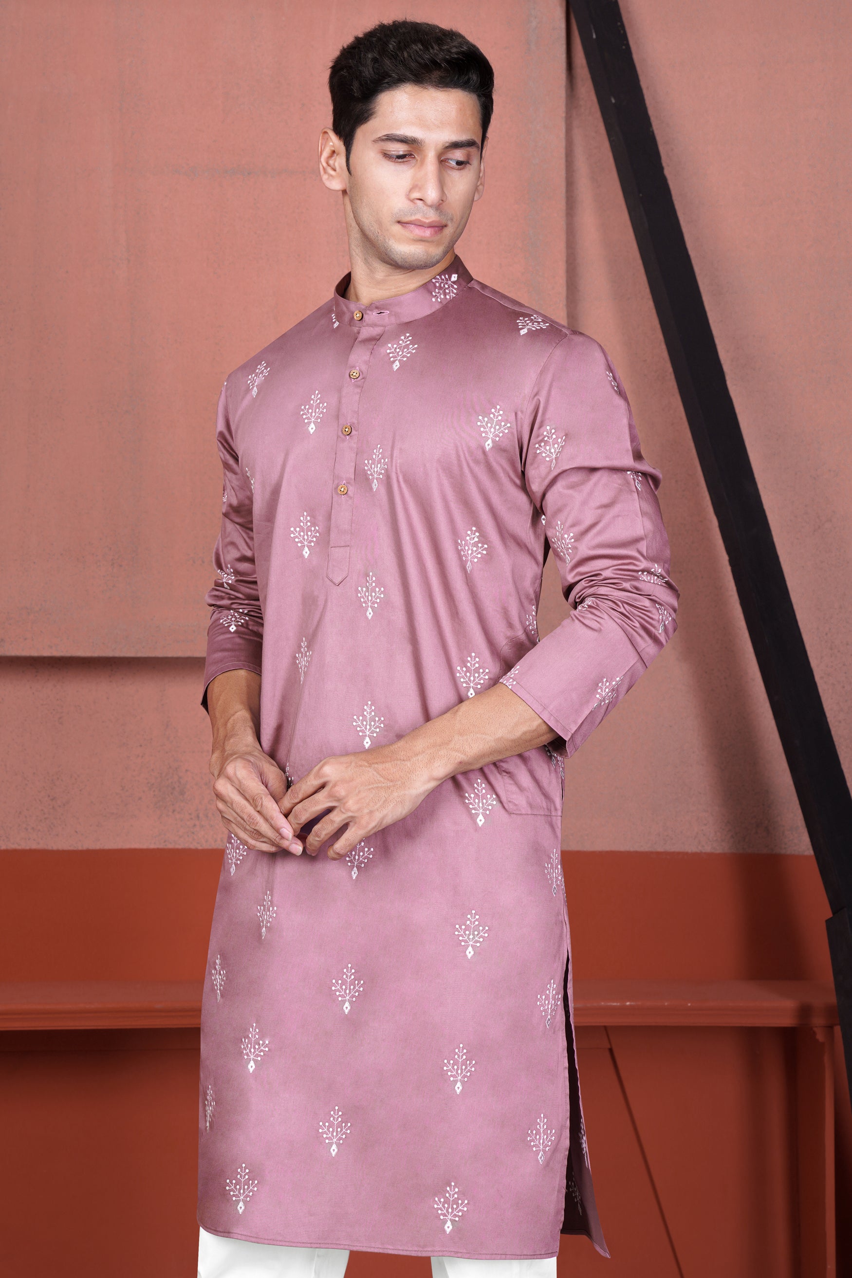 Orchid Pink Leaves Embroidered Viscose Designer Kurta