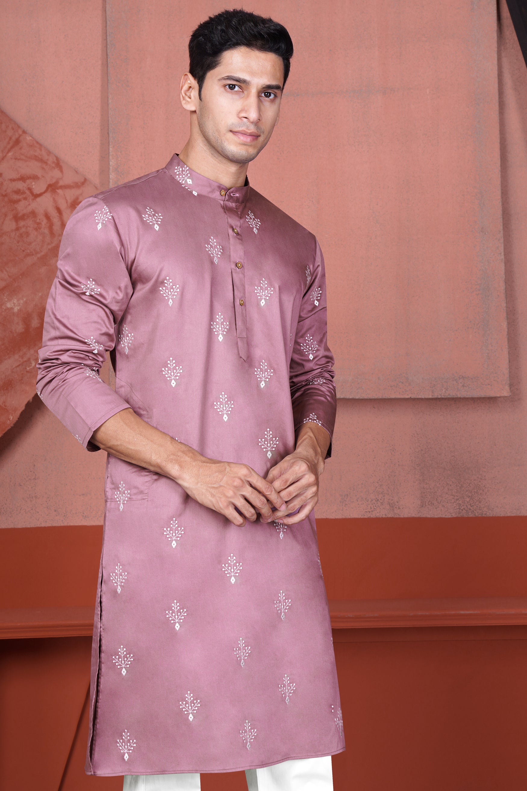 Orchid Pink Leaves Embroidered Viscose Designer Kurta