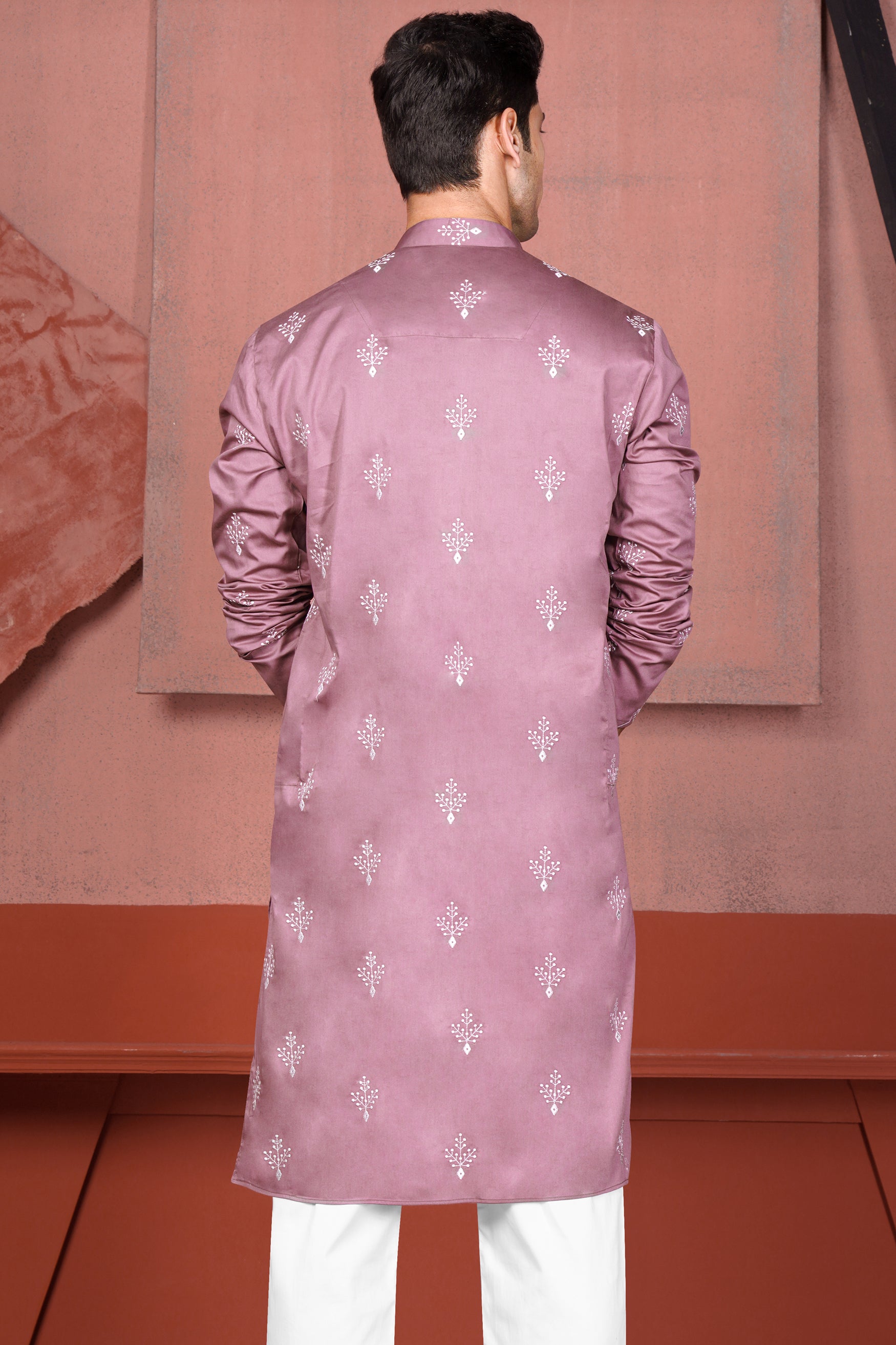 Orchid Pink Leaves Embroidered Viscose Designer Kurta