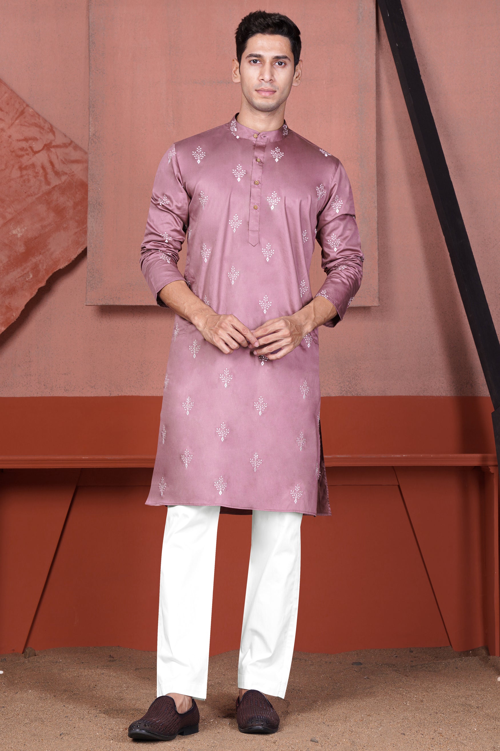 Orchid Pink Leaves Embroidered Viscose Designer Kurta