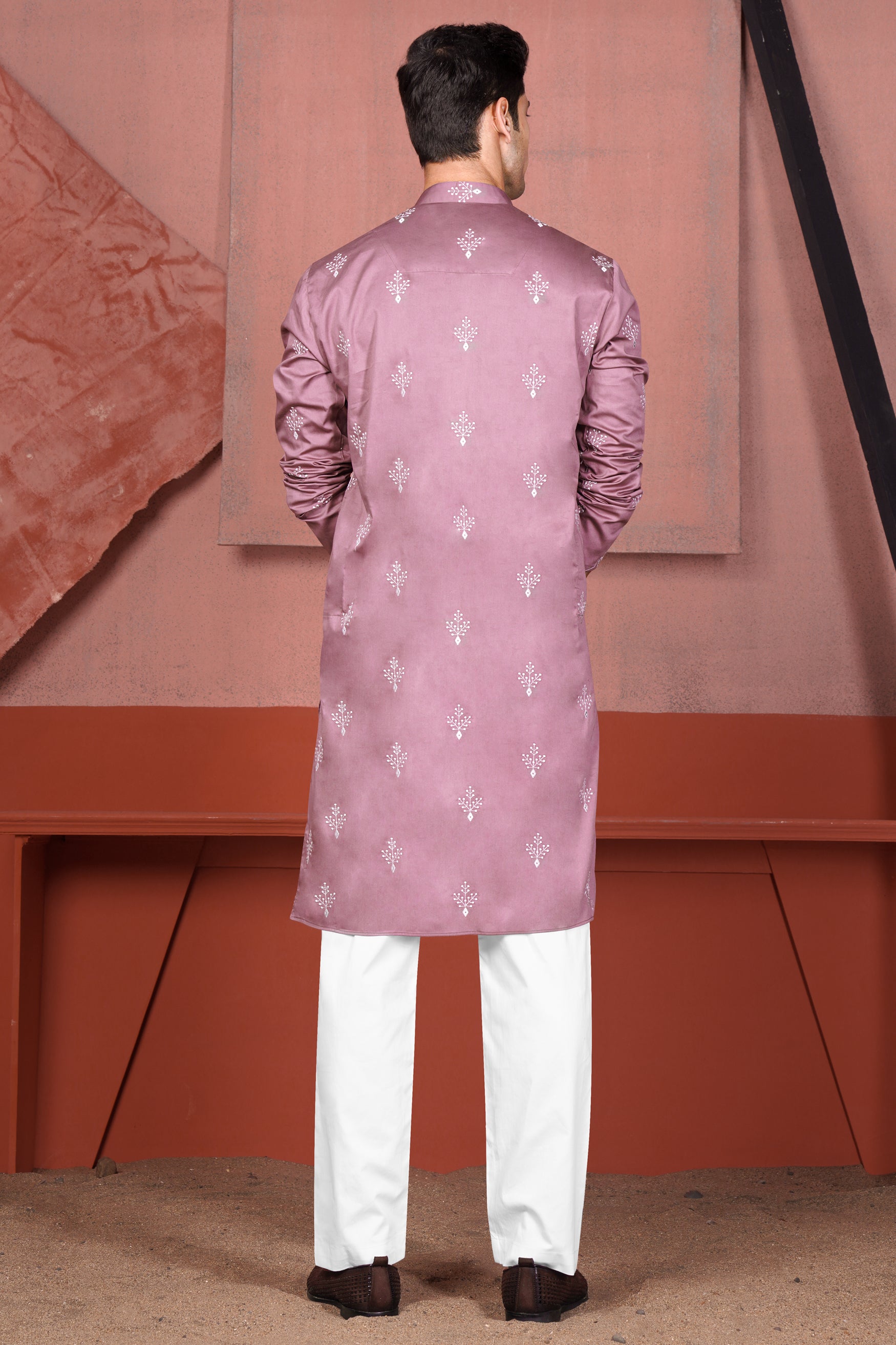 Orchid Pink Leaves Embroidered Viscose Designer Kurta