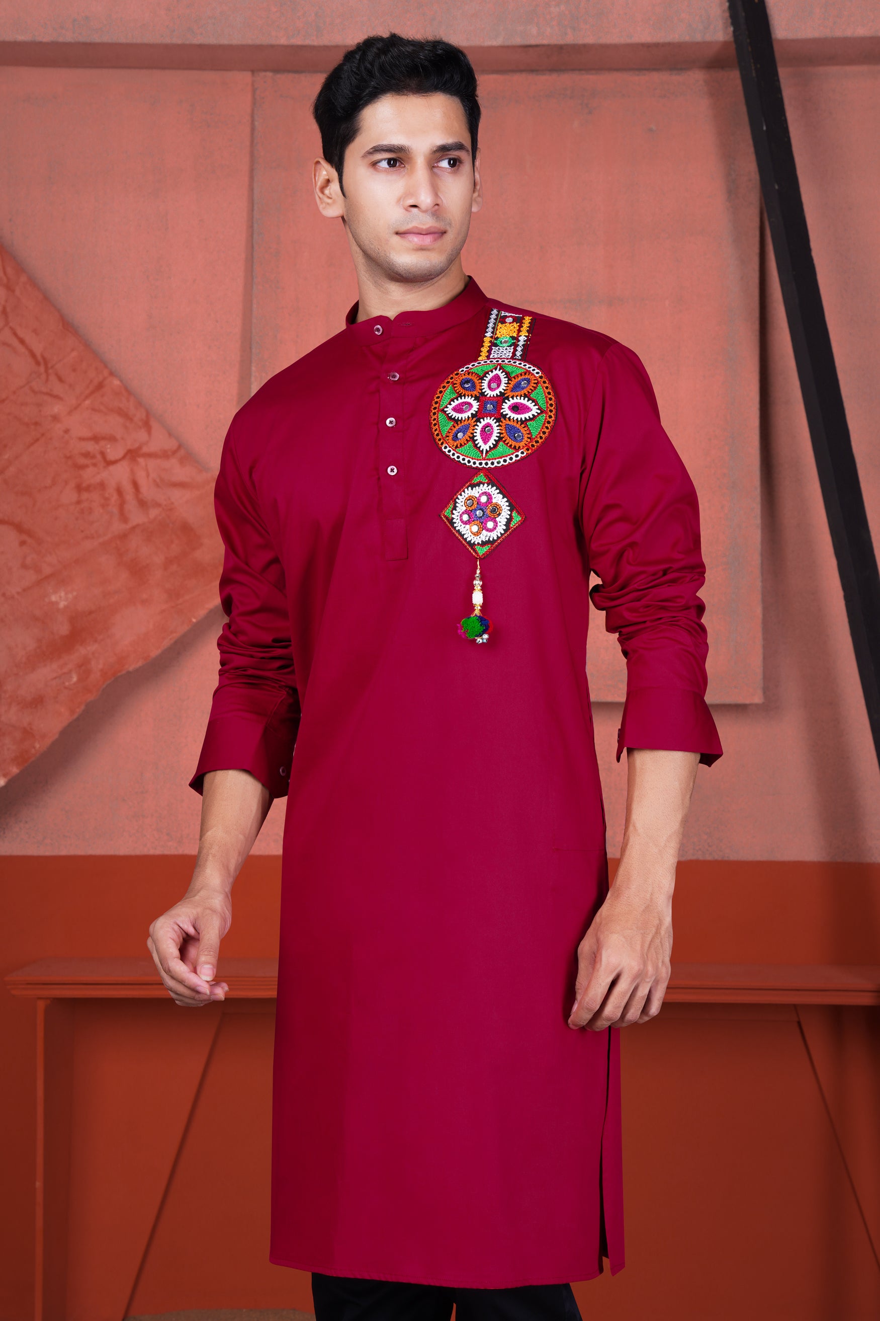 Vivid Auburn Red Multicolour Kutch Work Patches with Mirror Work Subtle Sheen Super Soft Premium Cotton Designer Kurta Set