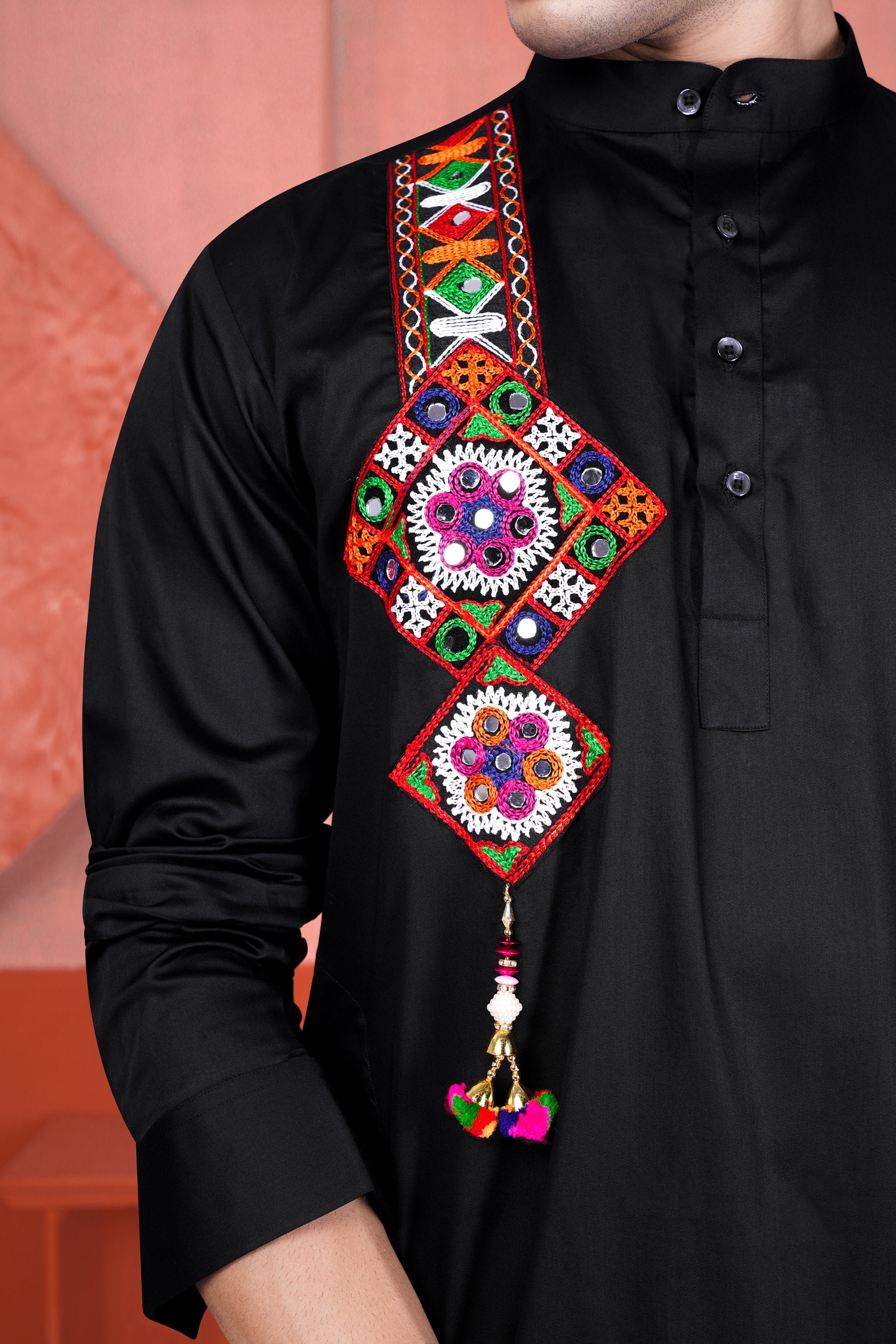 Jade Black Multicolour Kutch Work Patches with Mirror Work Subtle Sheen Super Soft Premium Cotton Designer Kurta Set