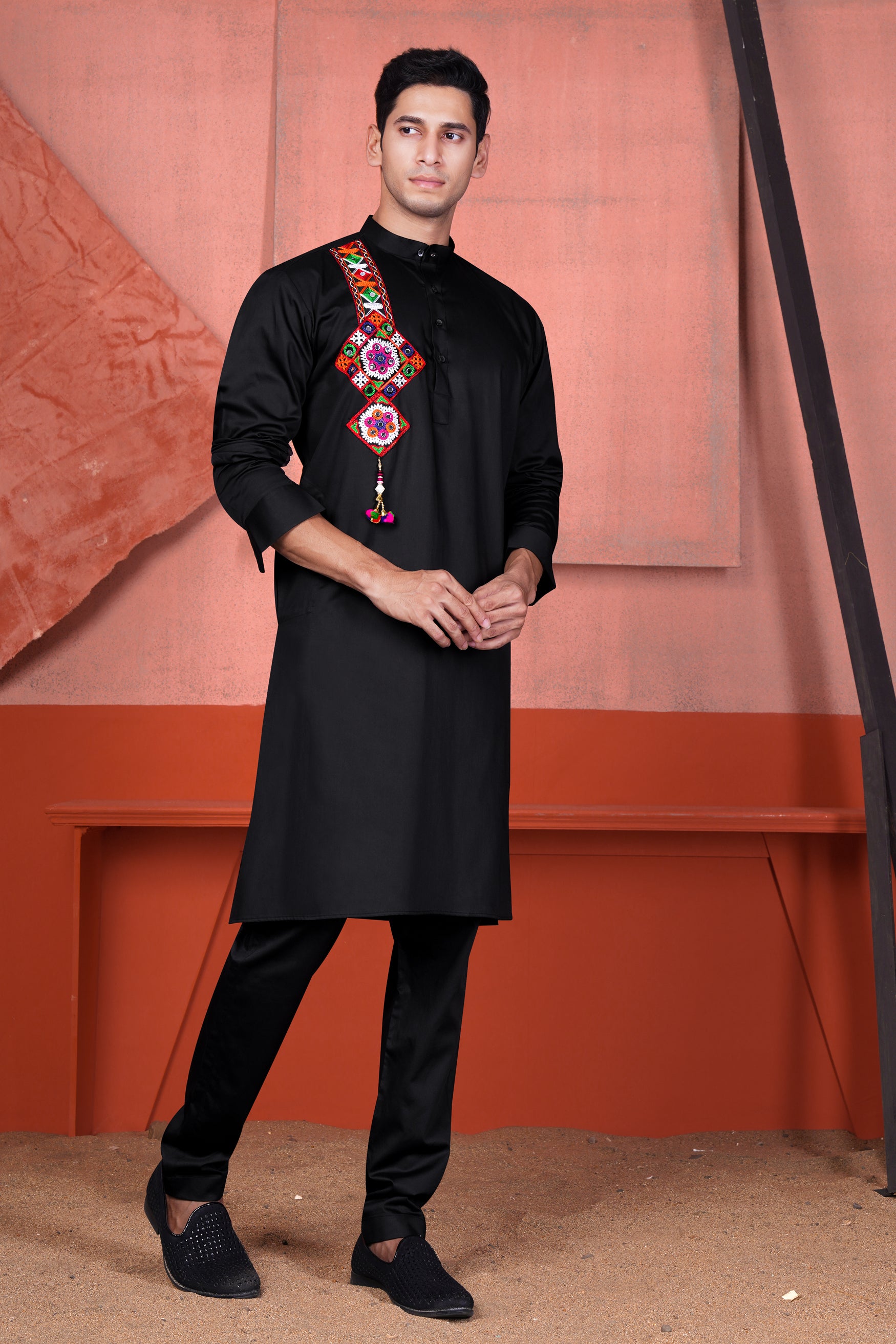 Jade Black Multicolour Kutch Work Patches with Mirror Work Subtle Sheen Super Soft Premium Cotton Designer Kurta Set