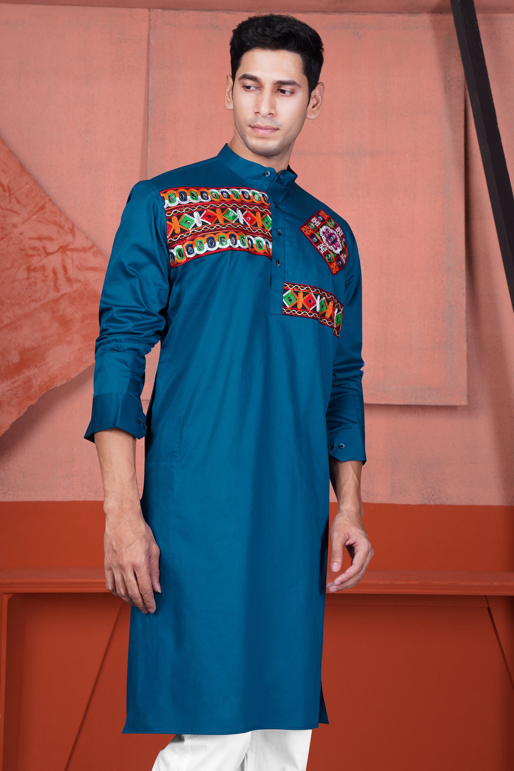 Astronaut Blue Multicolour Kutch Work Patches with Mirror Work Subtle Sheen Super Soft Premium Cotton Designer Kurta Set