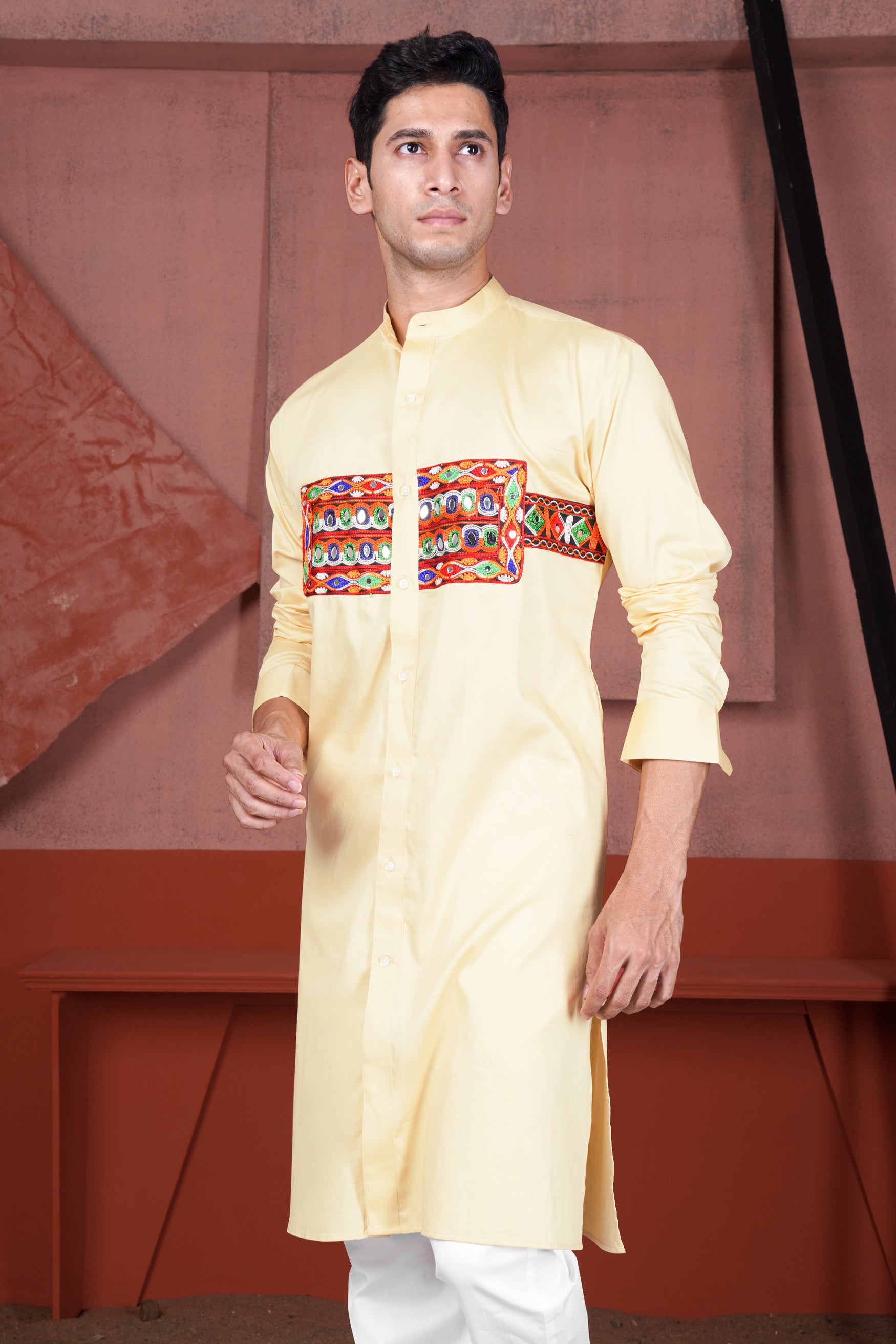 Chamois Beige Horizontal Kutch Work Patches with Mirror Work Subtle Sheen Super Soft Premium Cotton Designer Kurta Set