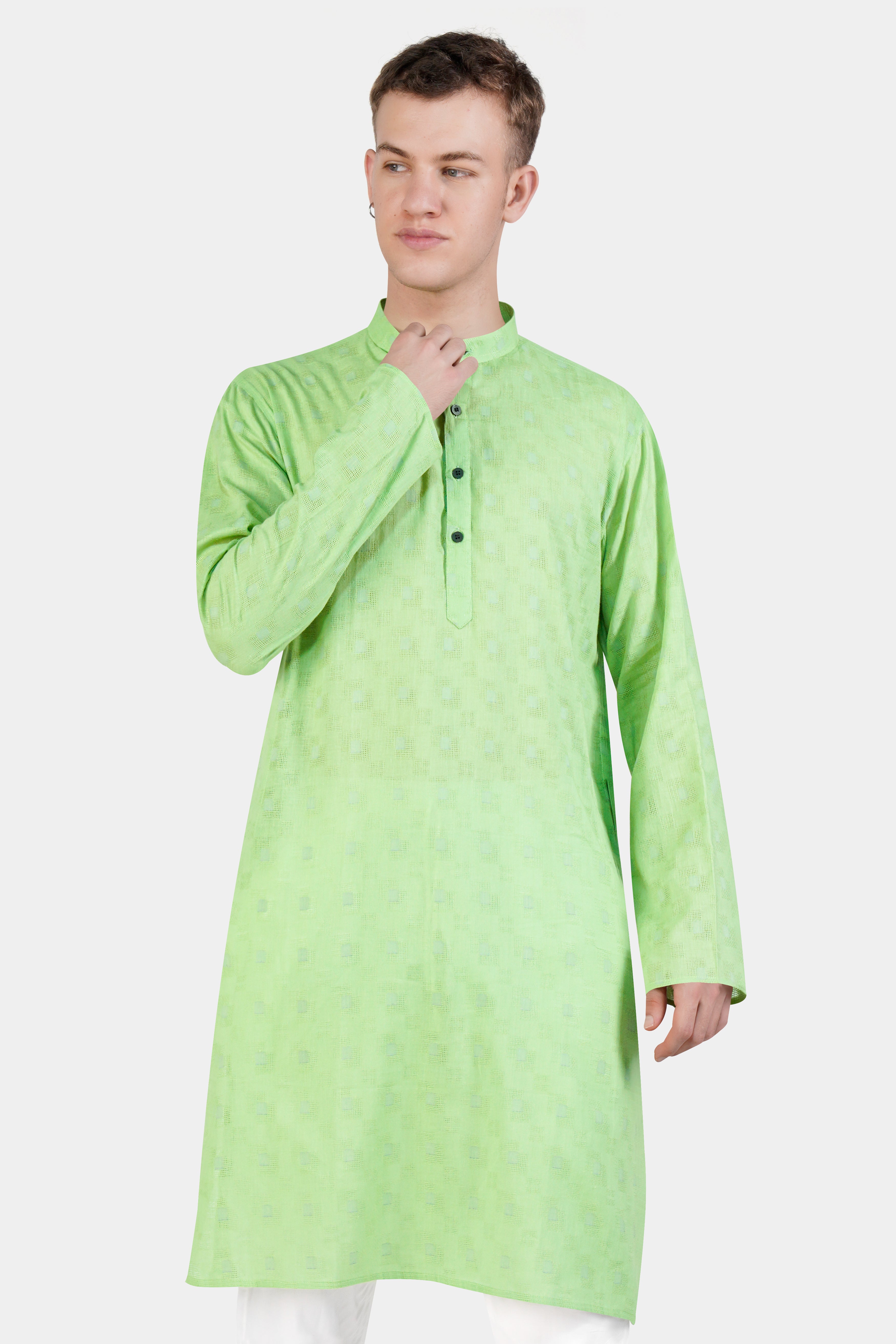 Pixie Green Geometric Dobby Textured Premium Giza Cotton Kurta Set