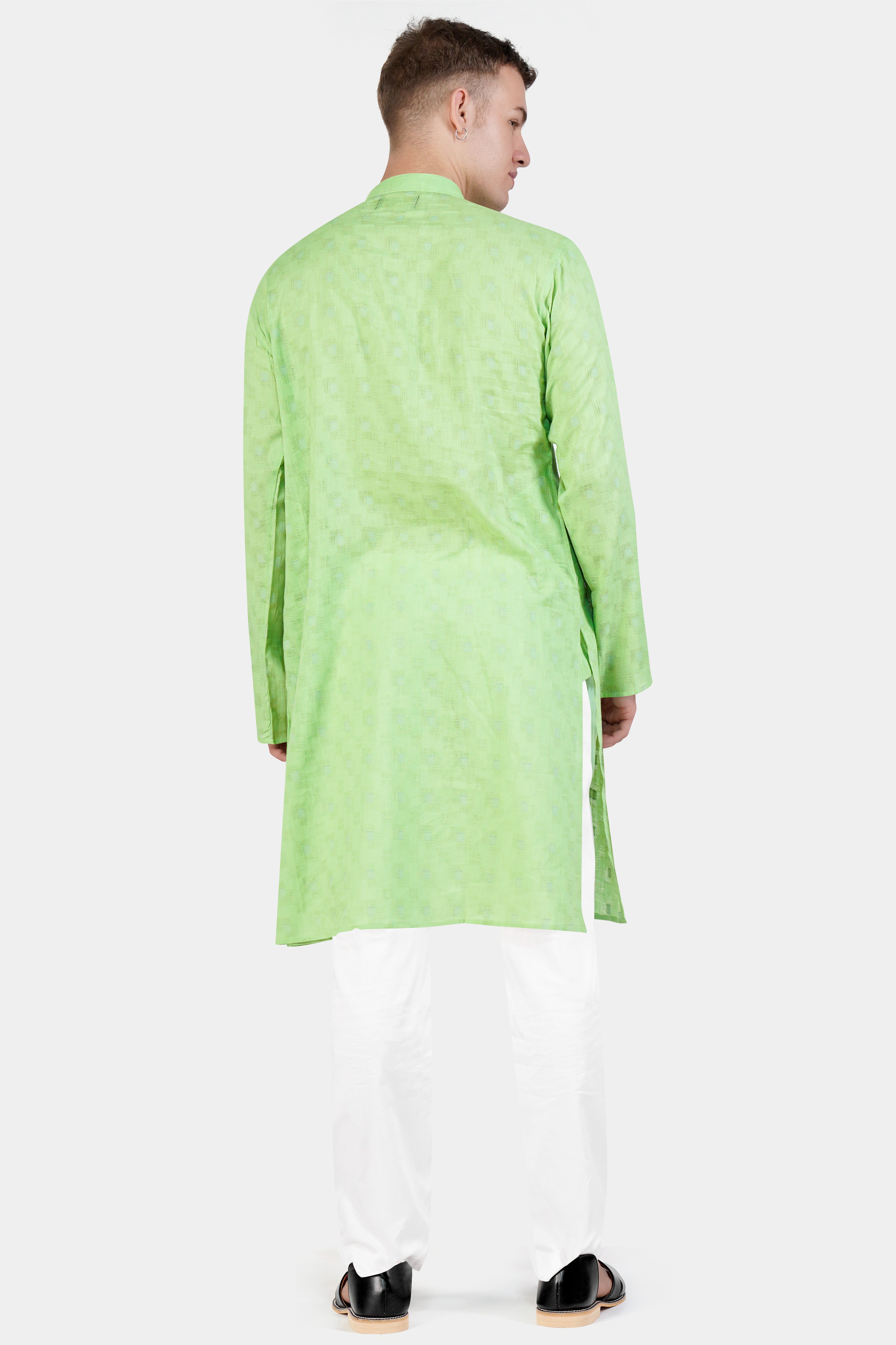 Pixie Green Geometric Dobby Textured Premium Giza Cotton Kurta Set