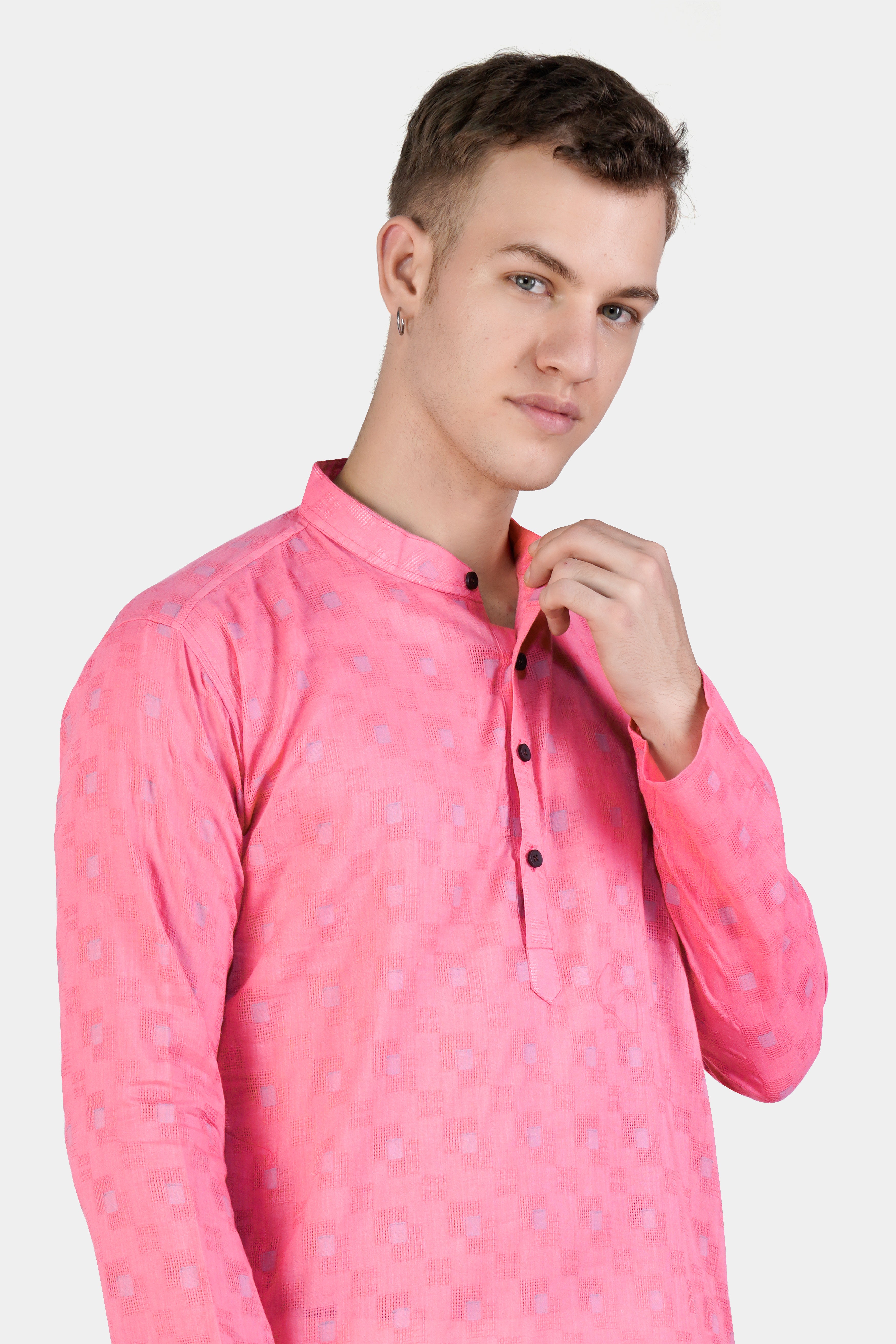 Flamingo Pink Geometric Dobby Textured Premium Giza Cotton Kurta Set