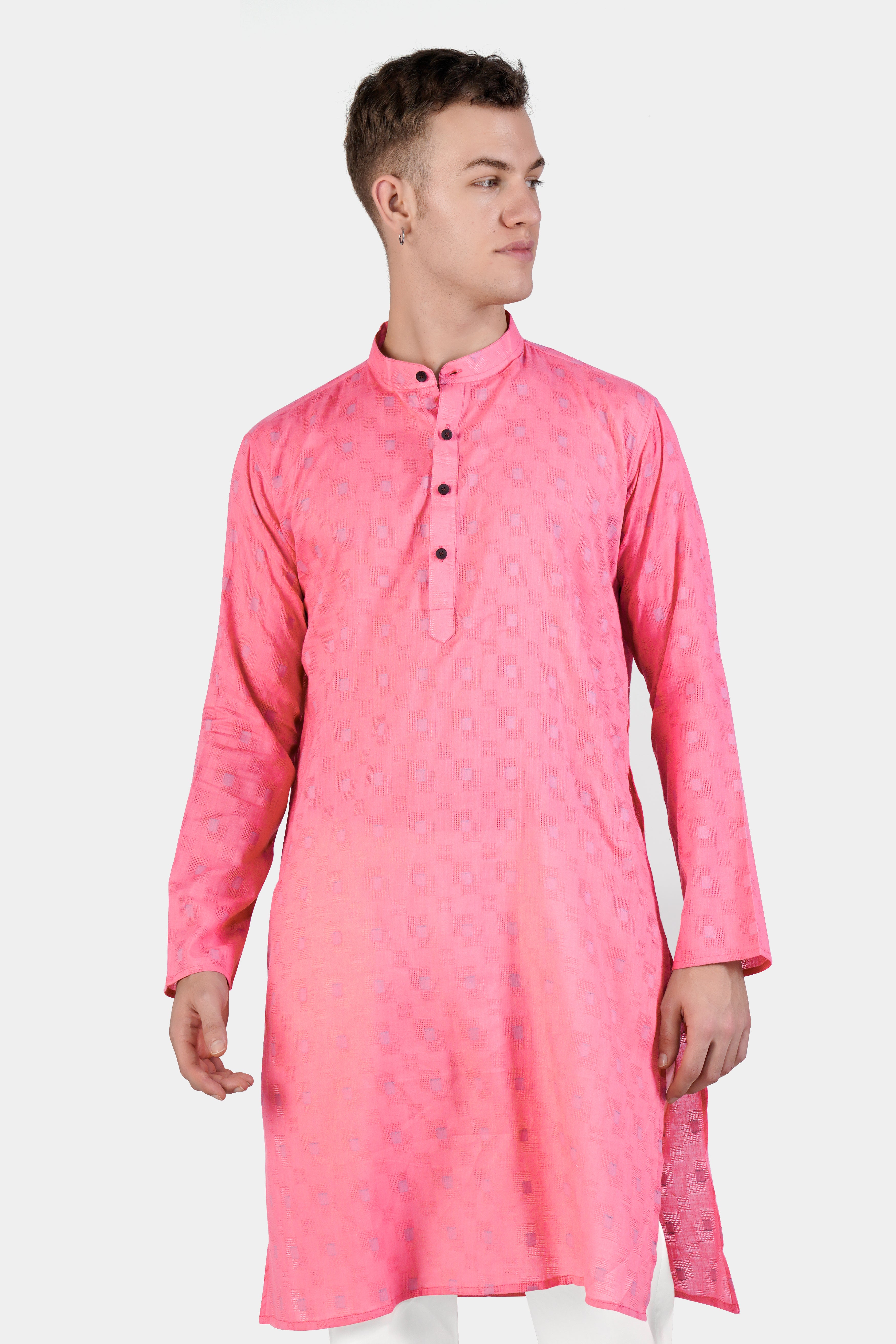 Flamingo Pink Geometric Dobby Textured Premium Giza Cotton Kurta Set