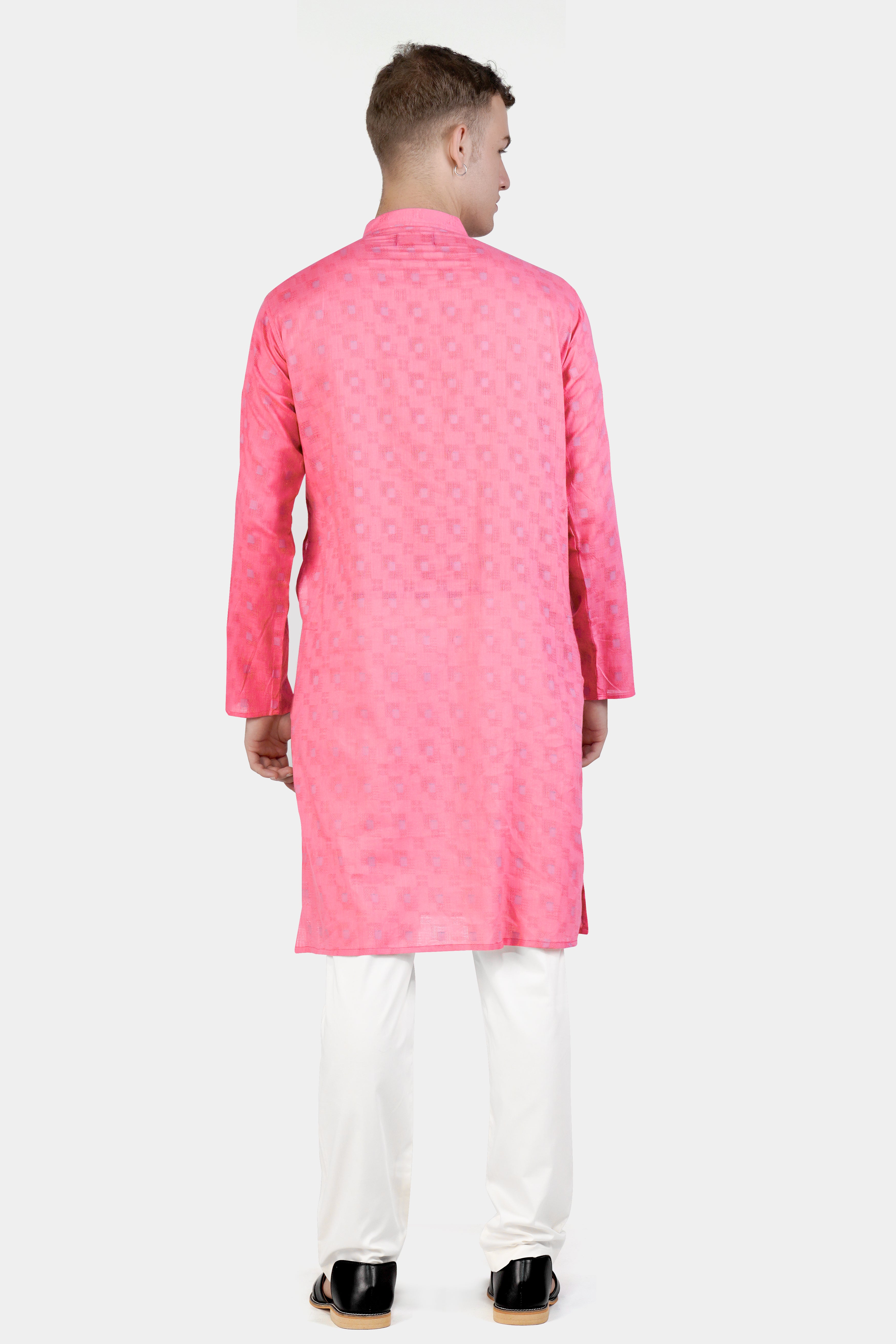 Flamingo Pink Geometric Dobby Textured Premium Giza Cotton Kurta Set