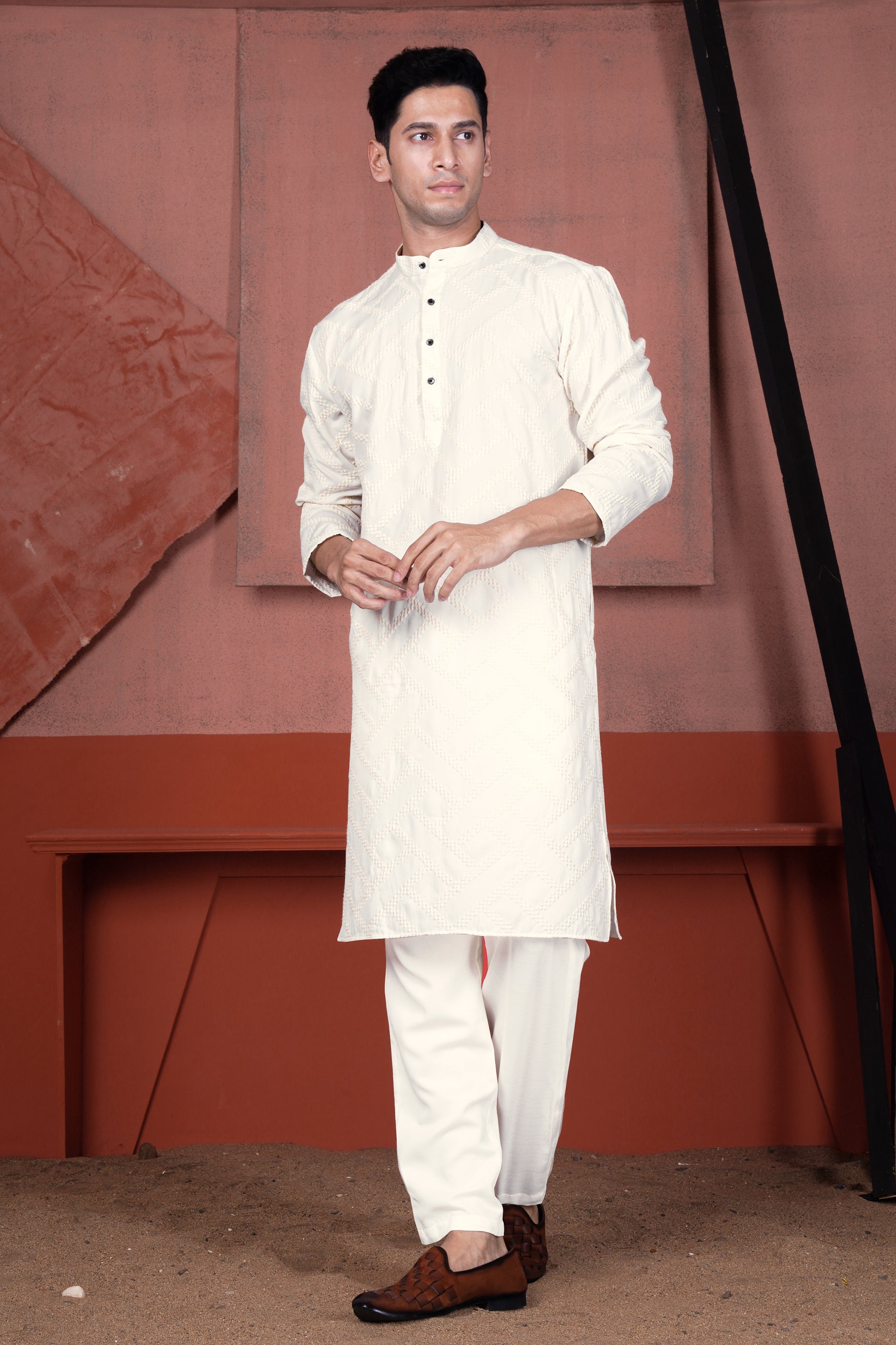 Albescent Cream Viscose Embroidered Designer Kurta Set