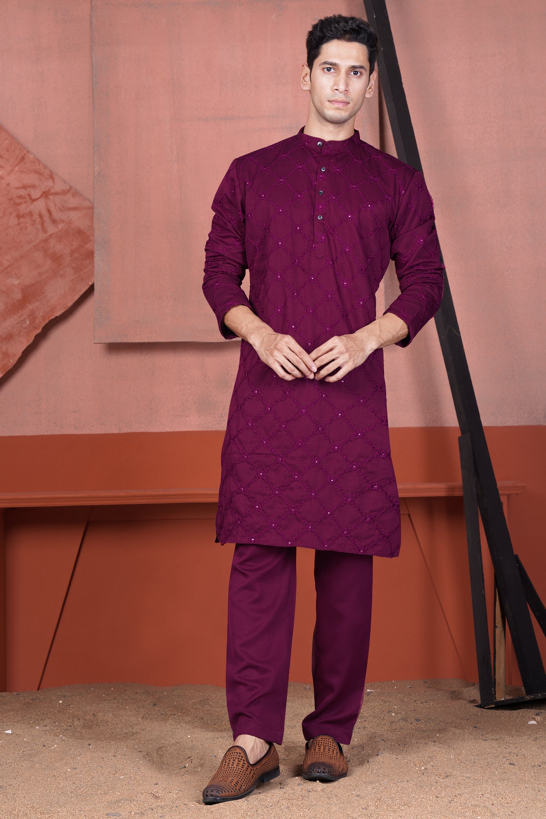 Bordeaux Wine Viscose Embroidered With Tikki Work Designer Kurta Set