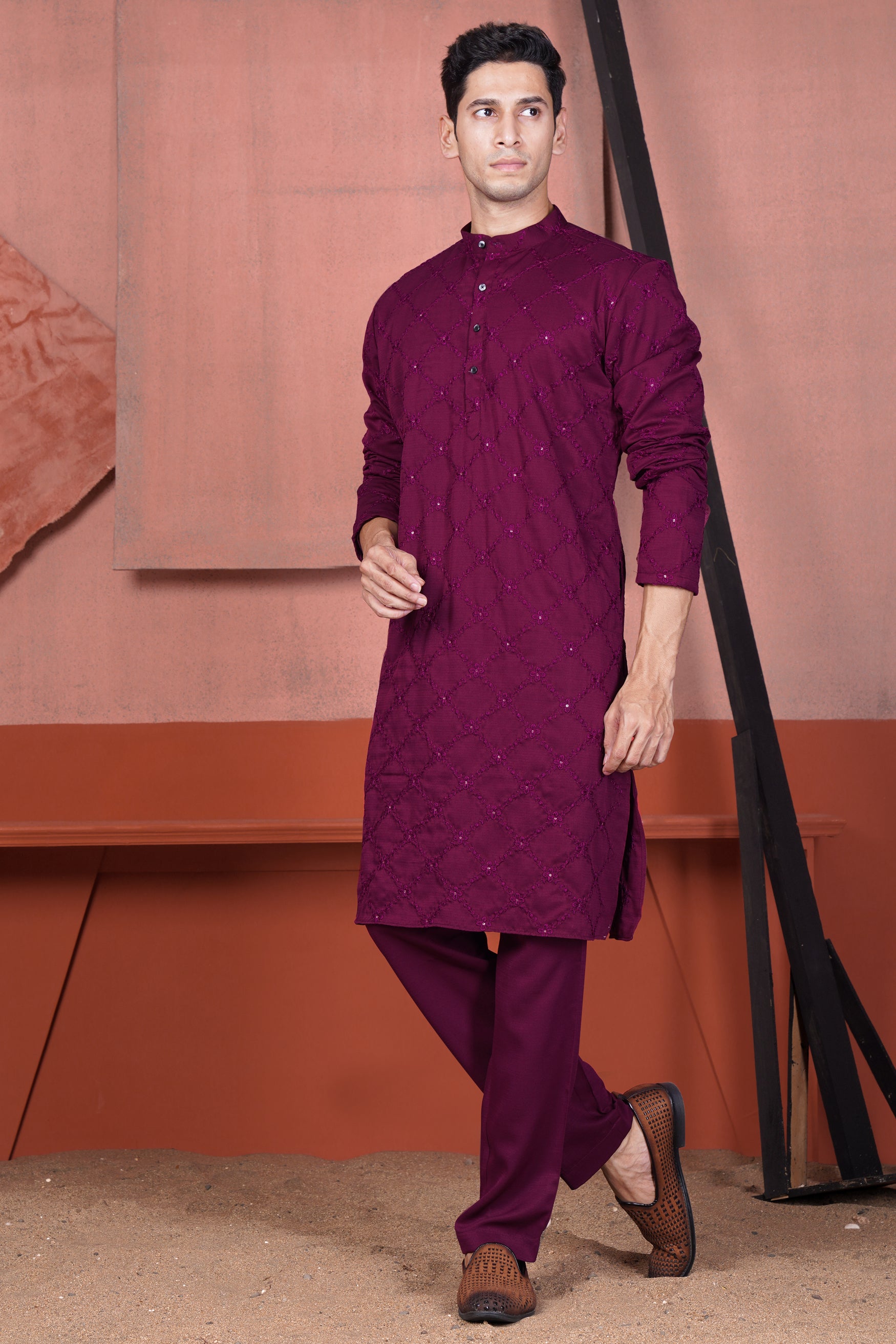 Bordeaux Wine Viscose Embroidered With Tikki Work Designer Kurta Set