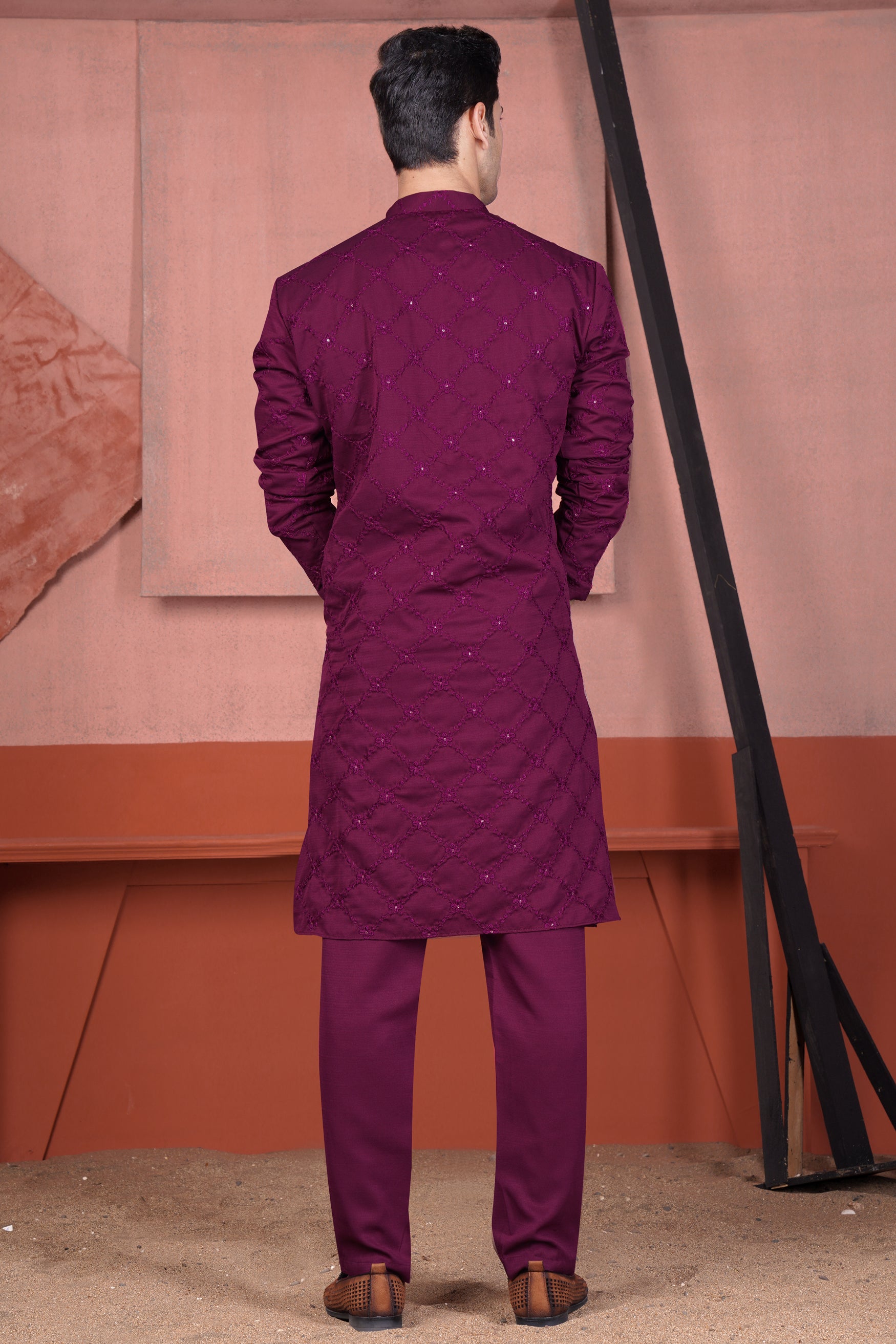 Bordeaux Wine Viscose Embroidered With Tikki Work Designer Kurta Set