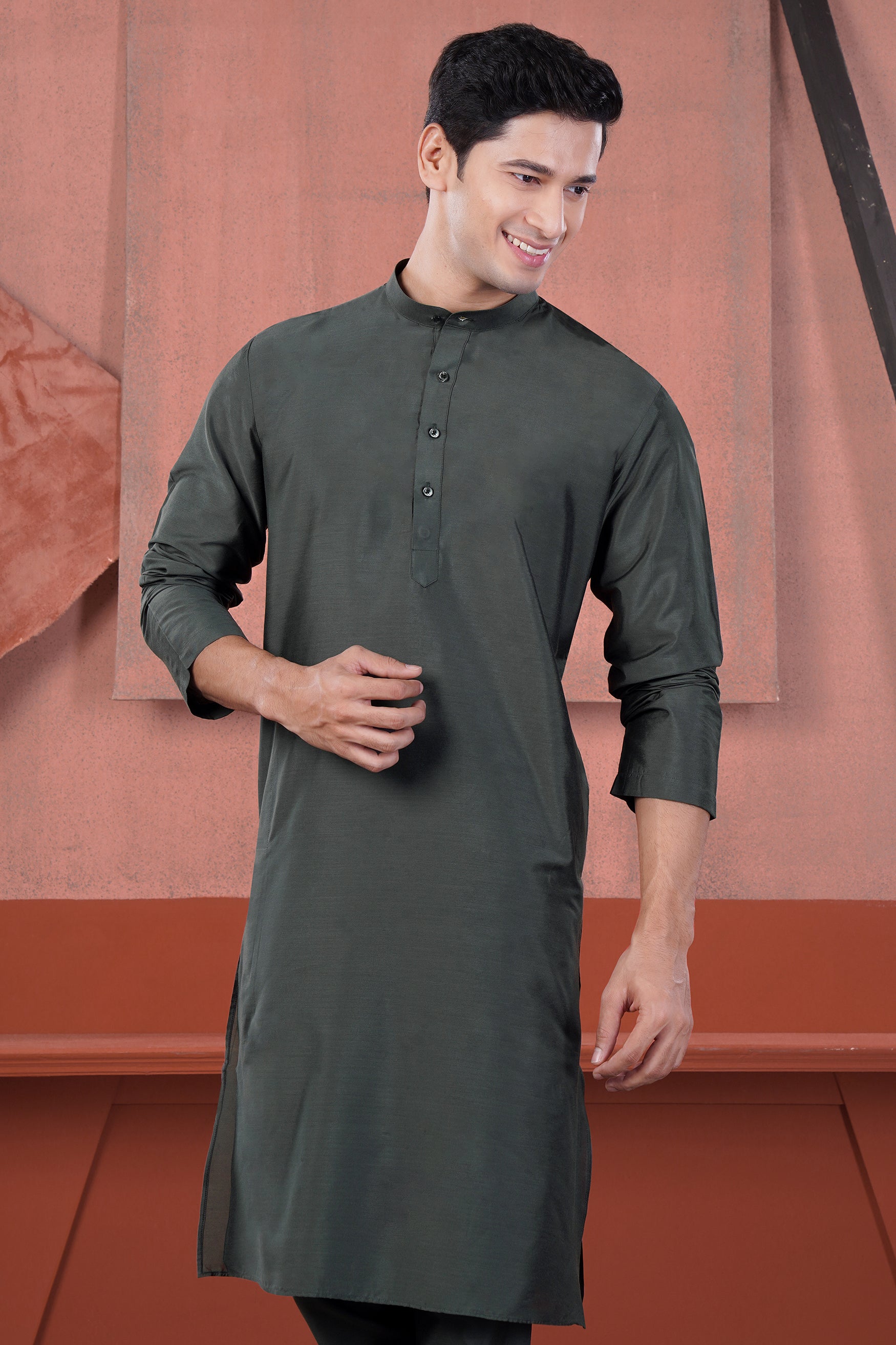 Gravel Green Subtle Sheen Viscose Kurta Set