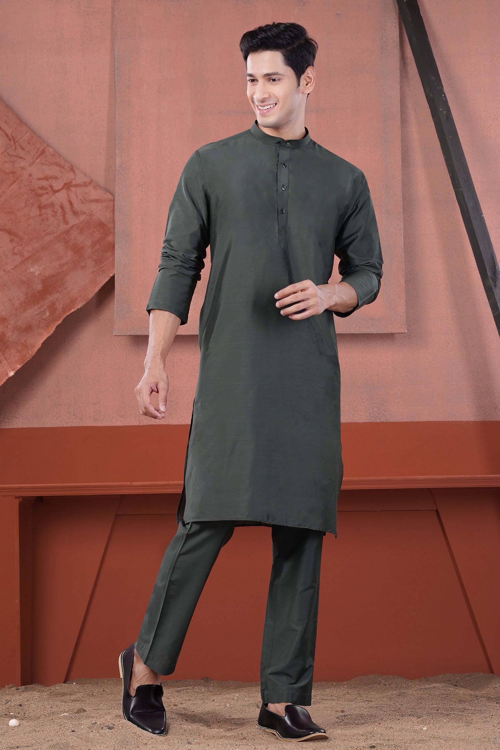 Gravel Green Subtle Sheen Viscose Kurta Set