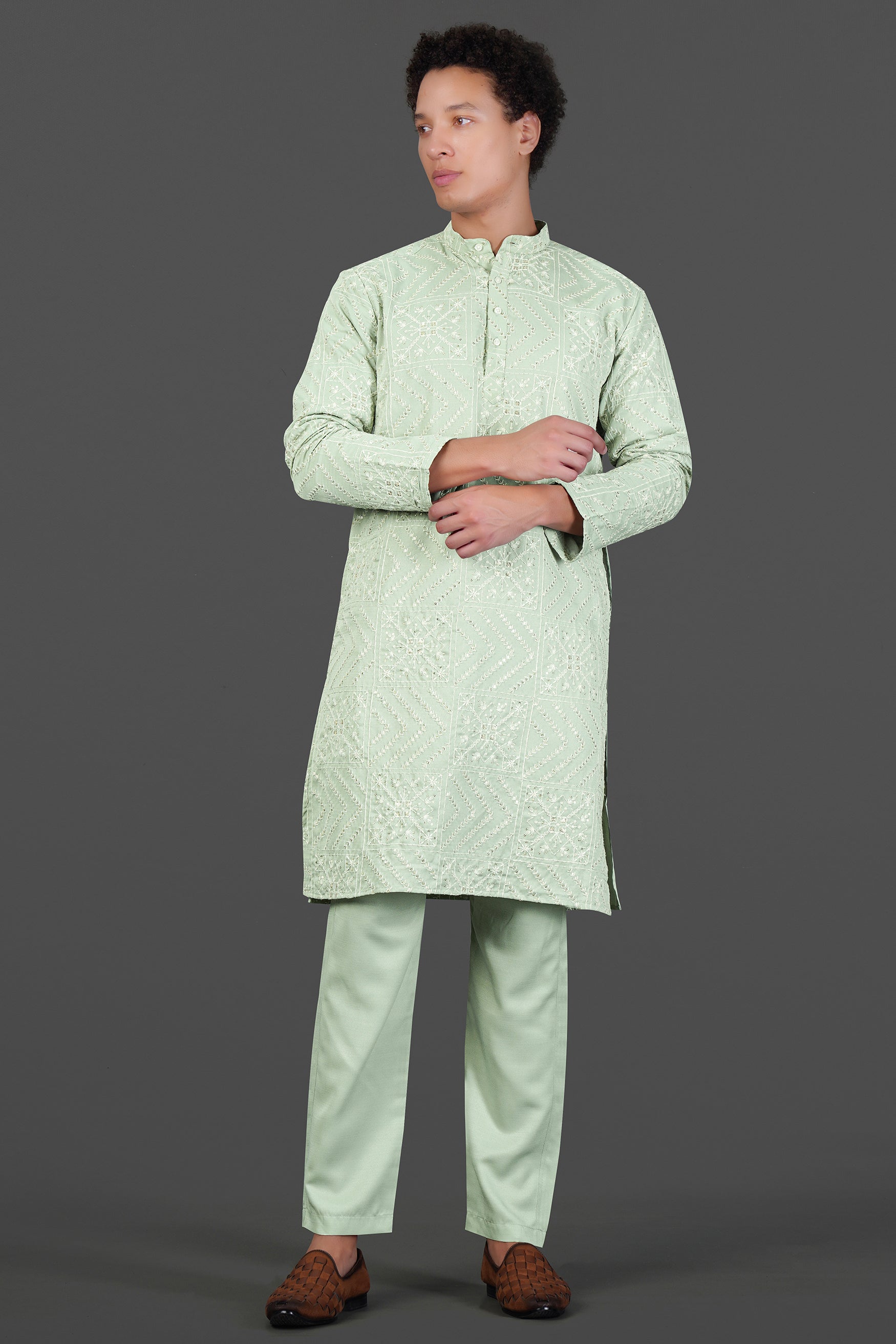 Rainee Green Thread and Sequin Embroidered Subtle Sheen Viscose Designer Kurta Set