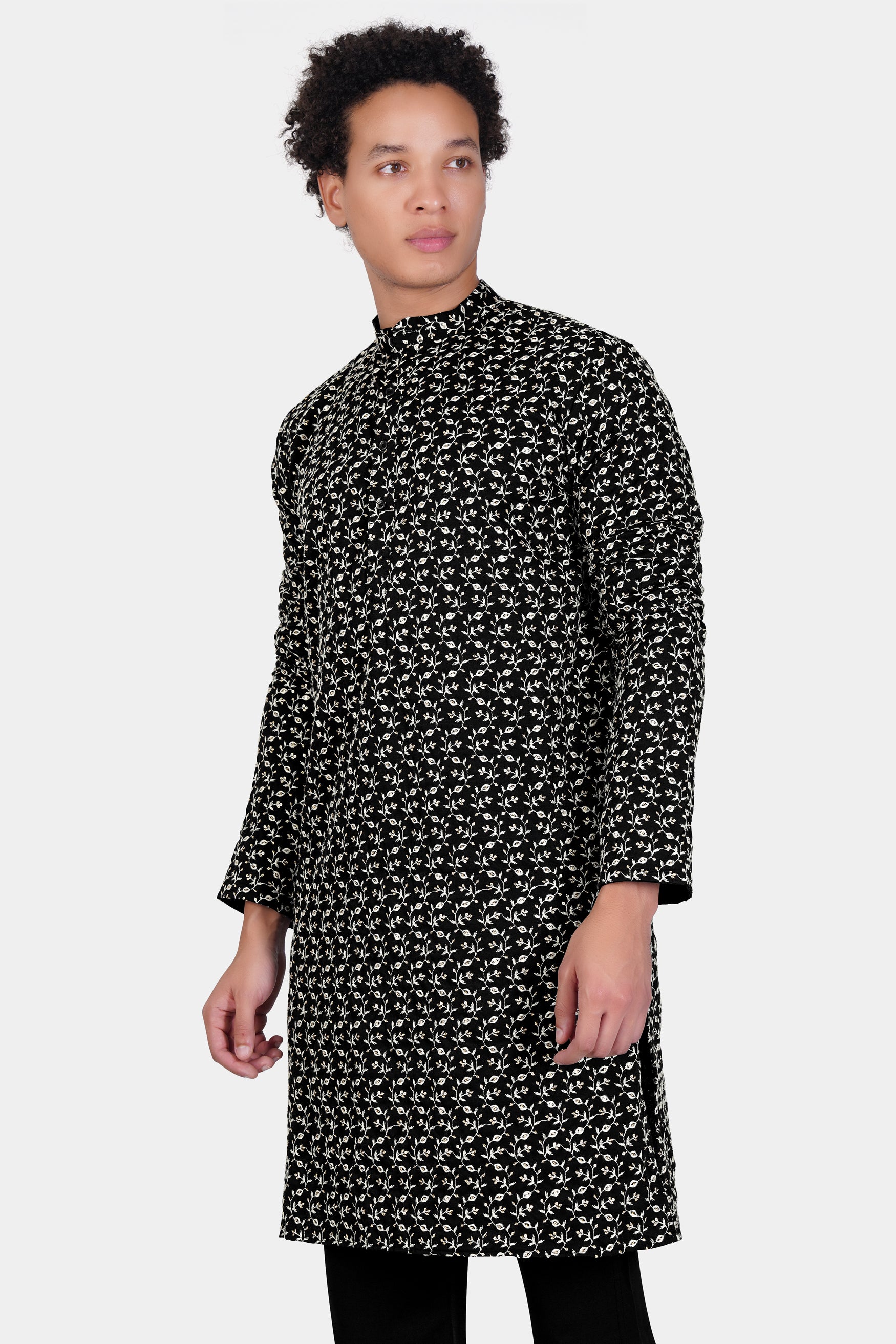 Jade Black Ditsy Pattern Thread and Sequin Embroidered Subtle Sheen Viscose Designer Kurta Set