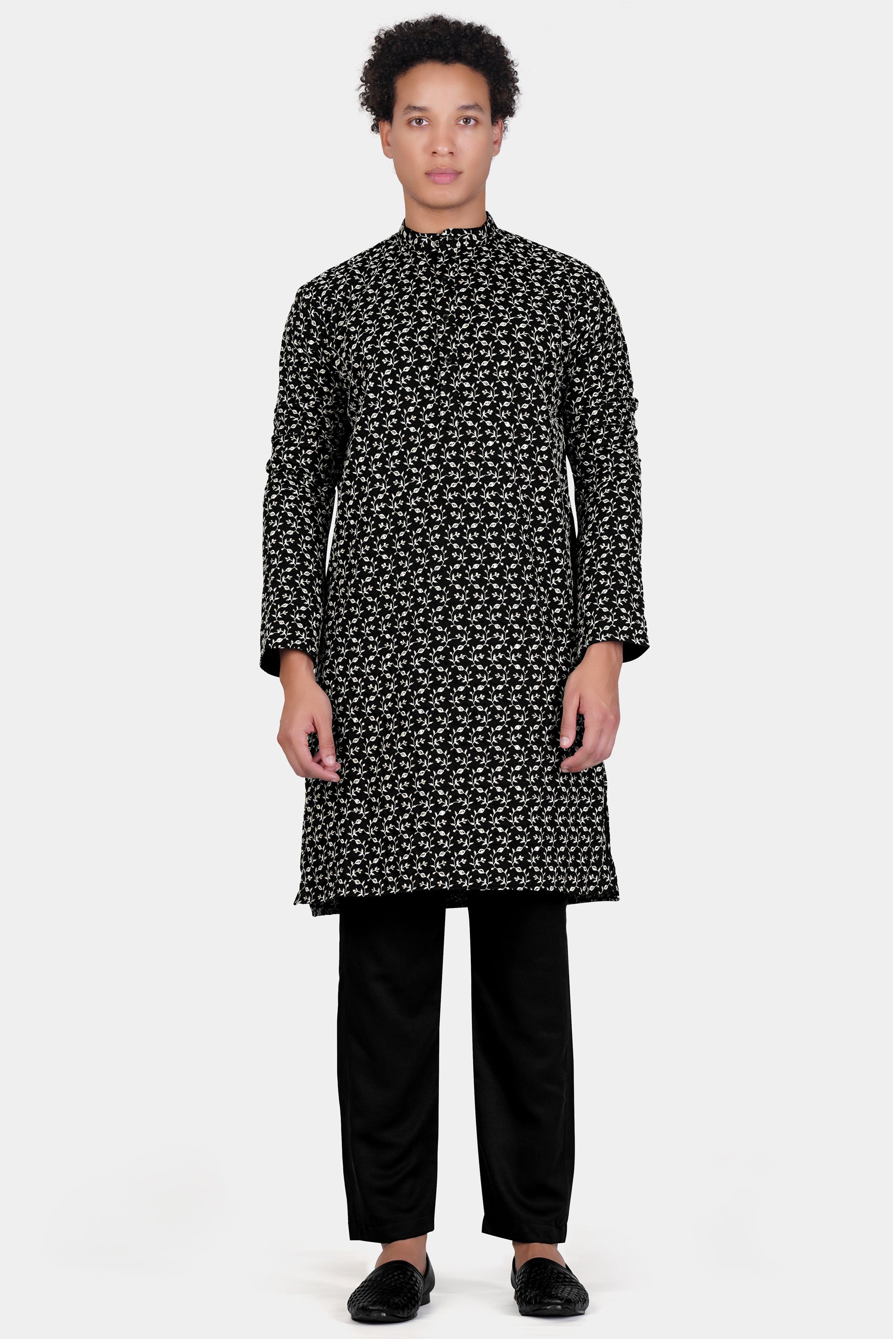 Jade Black Ditsy Pattern Thread and Sequin Embroidered Subtle Sheen Viscose Designer Kurta Set