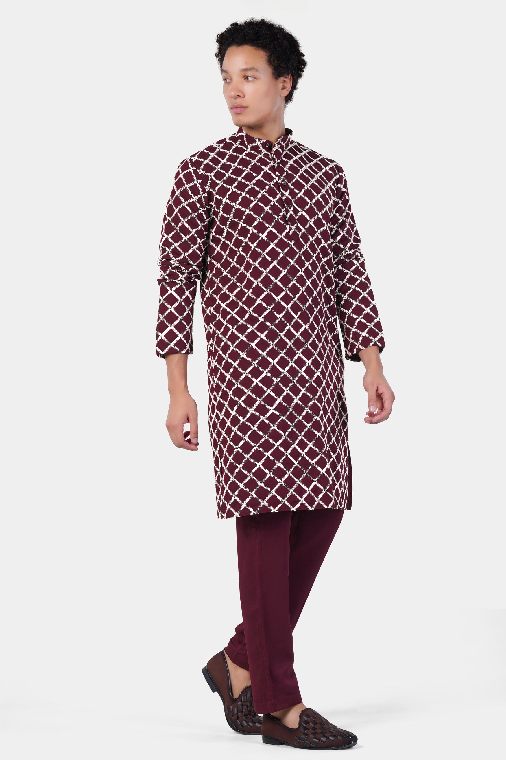 Aubergine Maroon and White Geometric Pattern Thread Embroidered Subtle Sheen Viscose Designer Kurta Set