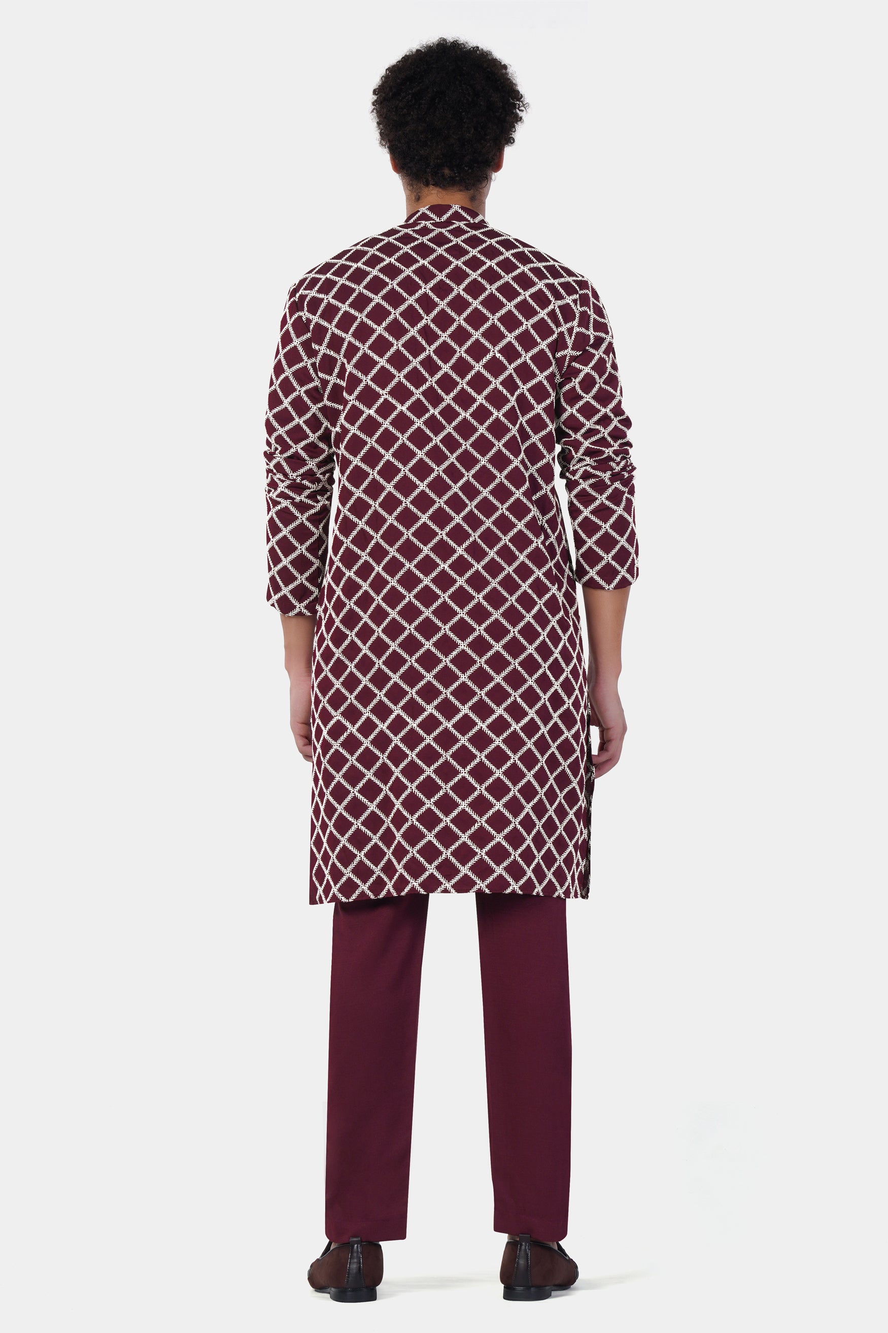 Aubergine Maroon and White Geometric Pattern Thread Embroidered Subtle Sheen Viscose Designer Kurta Set