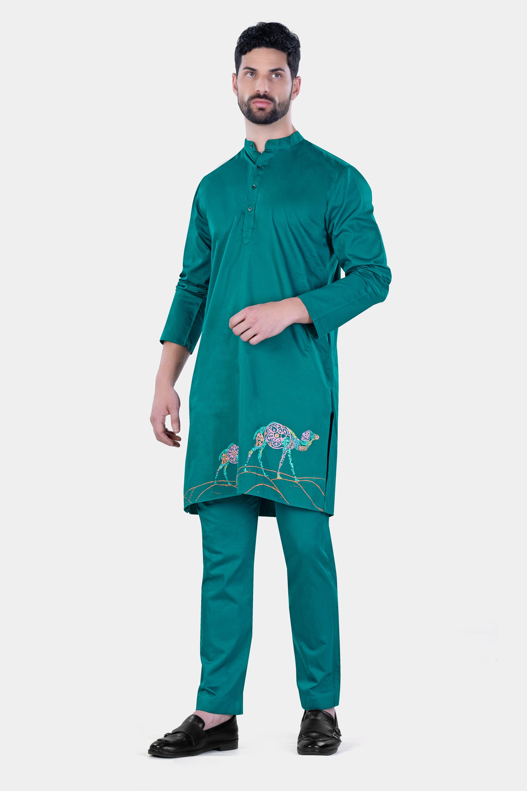 Aquamarine Green Camel Hand Painted Subtle Sheen Super Soft Premium Cotton Designer Kurta Set