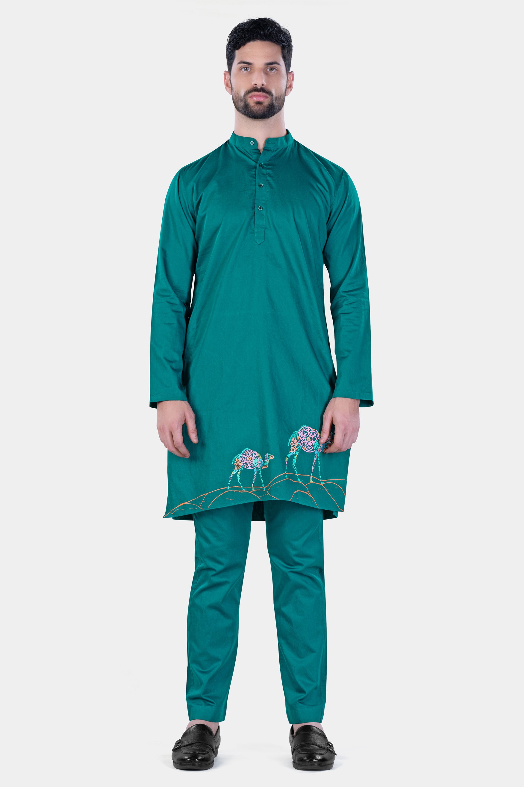 Aquamarine Green Camel Hand Painted Subtle Sheen Super Soft Premium Cotton Designer Kurta Set