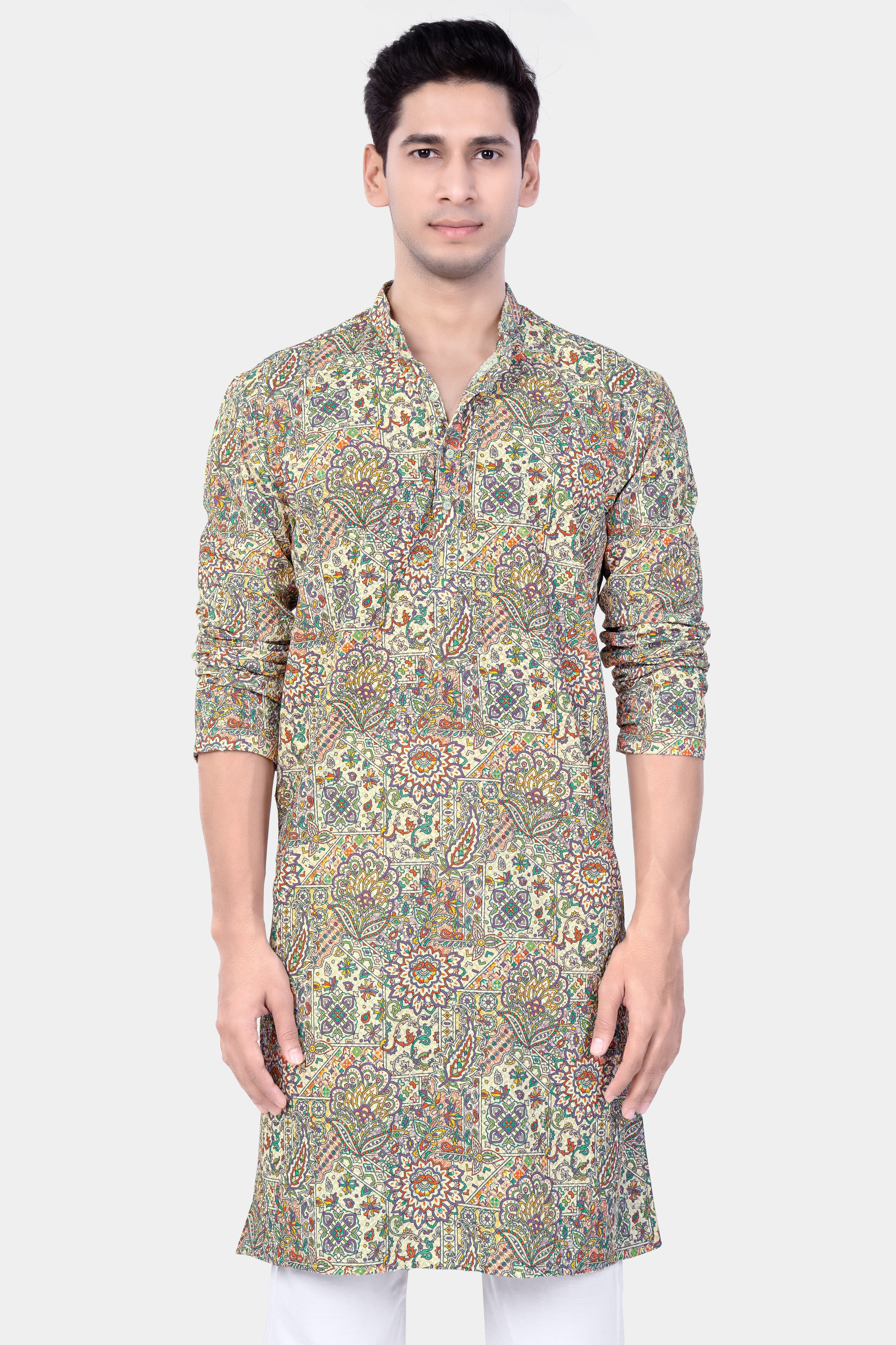 Eggshell Cream And Faded Purple MultiColour Embroidered Kurta Set