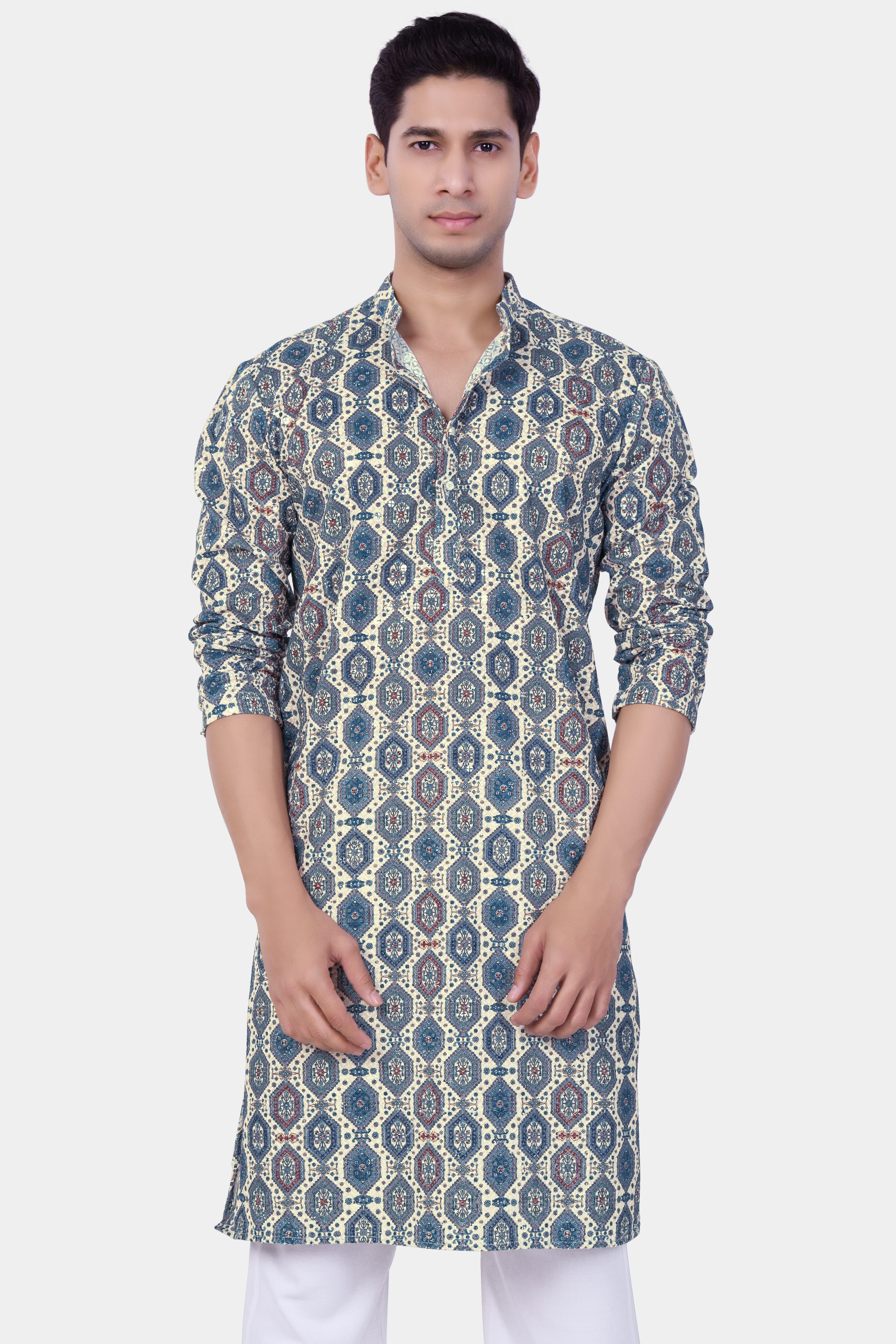 Bluish blue Thread Embroidered Kurta Set