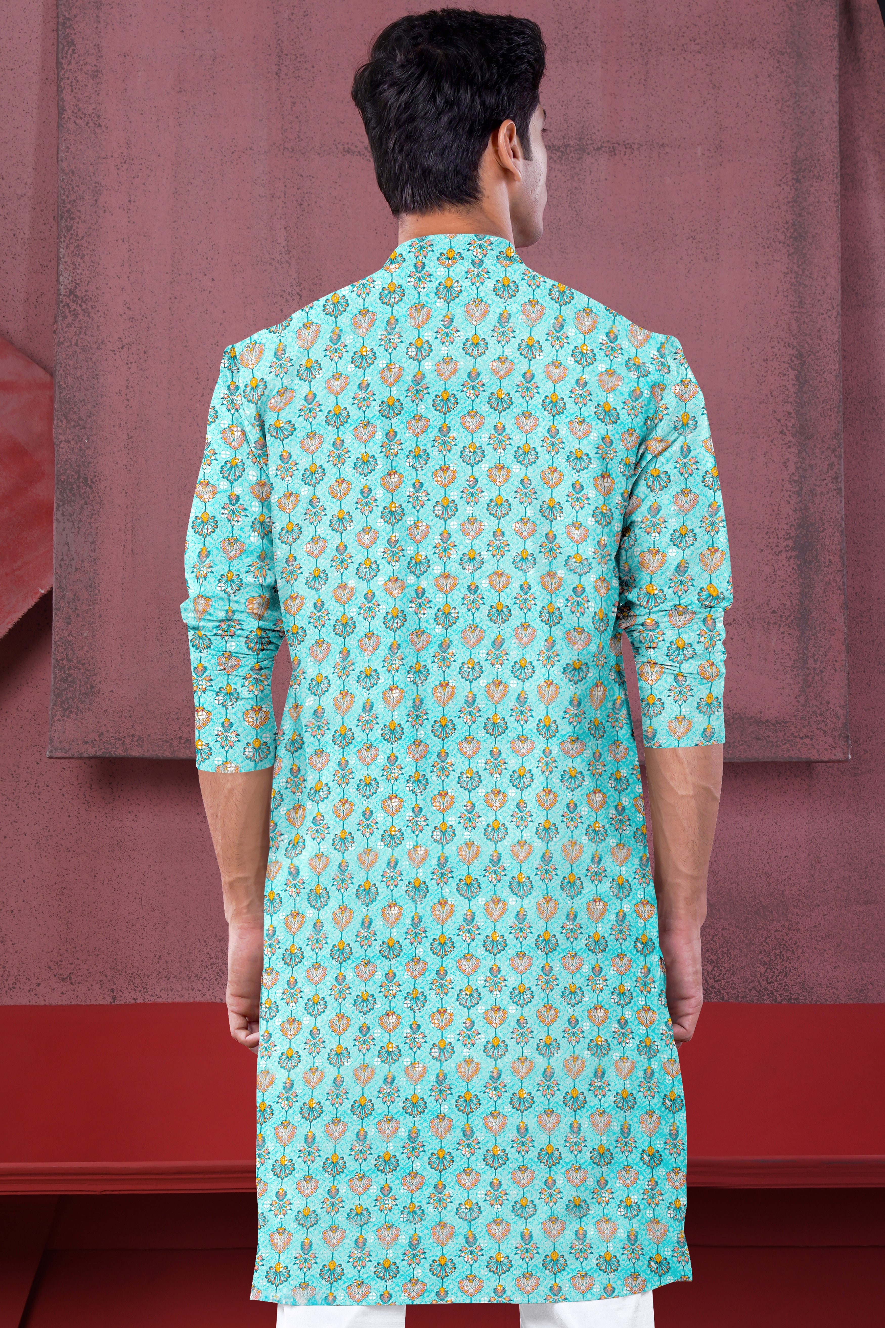 Aquamarine Blue And Tangerine Peach Designer Thread Embroidered Kurta Set