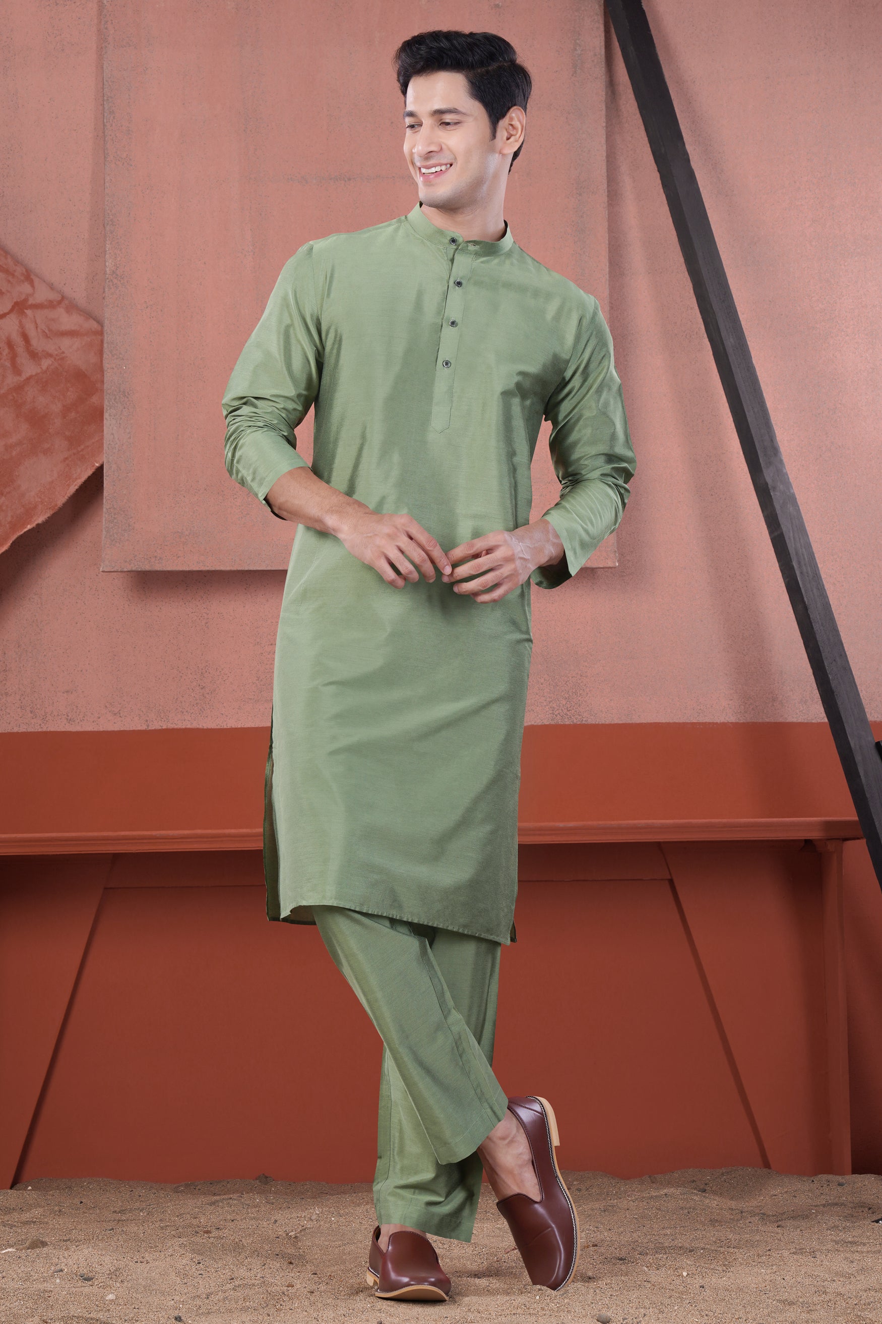 Olive Green Subtle Sheen Viscose Pajama F-8946