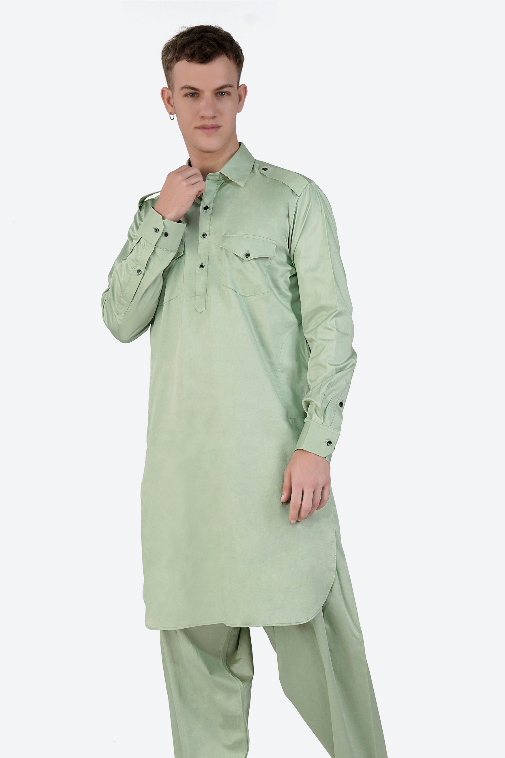 Coriander Green Subtle Sheen Super Soft Premium Cotton Pathani