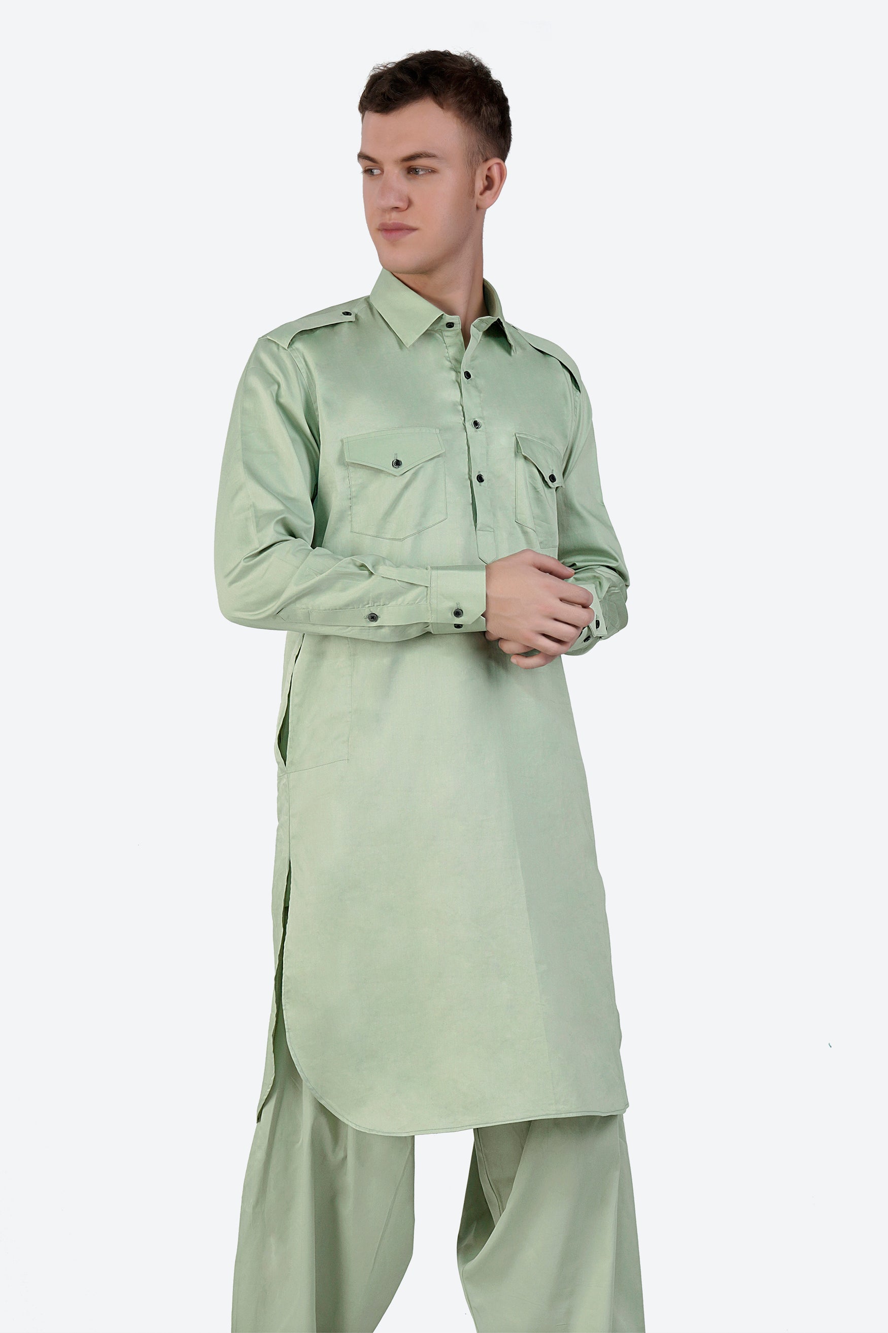 Coriander Green Subtle Sheen Super Soft Premium Cotton Pathani