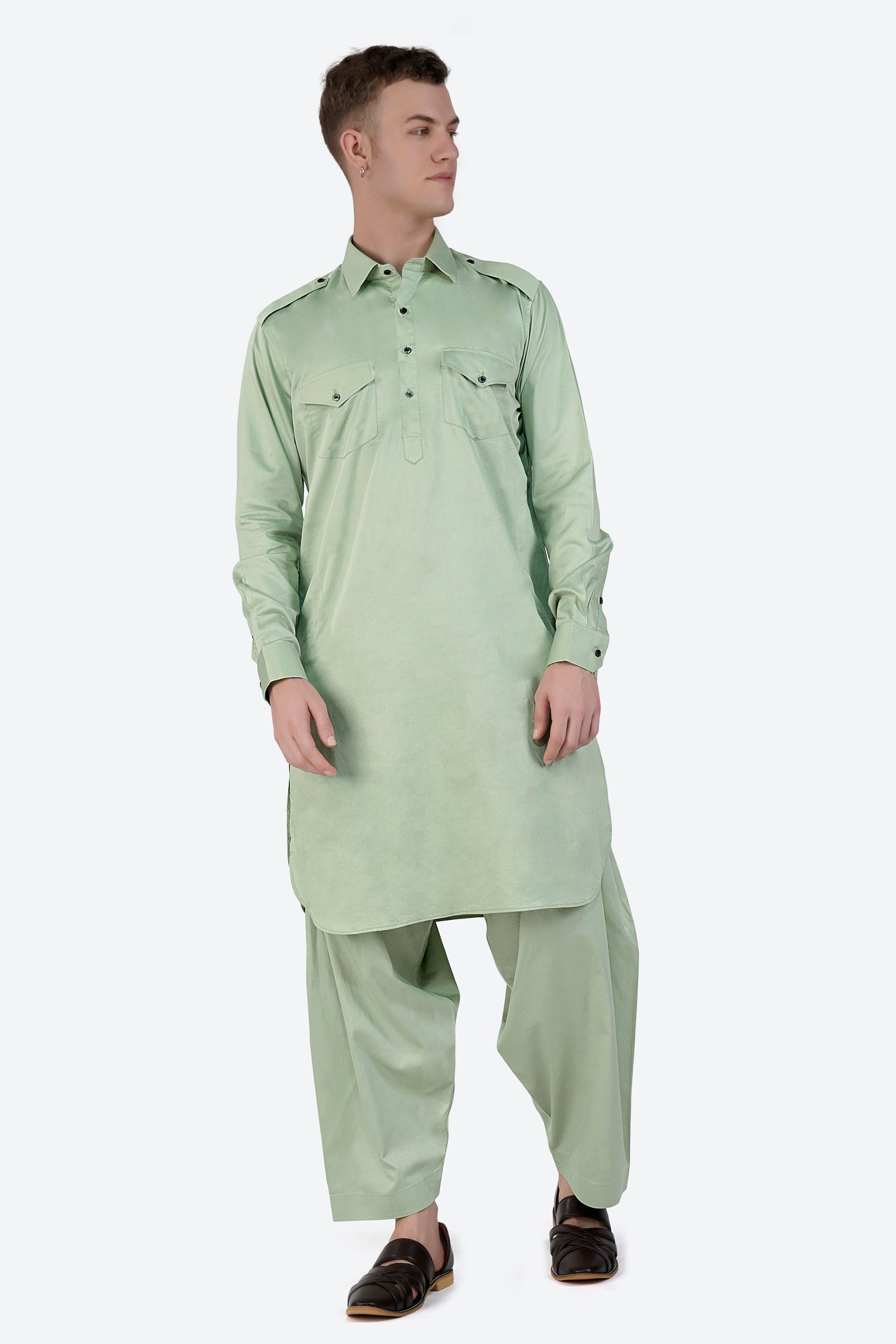 Coriander Green Subtle Sheen Super Soft Premium Cotton Pathani