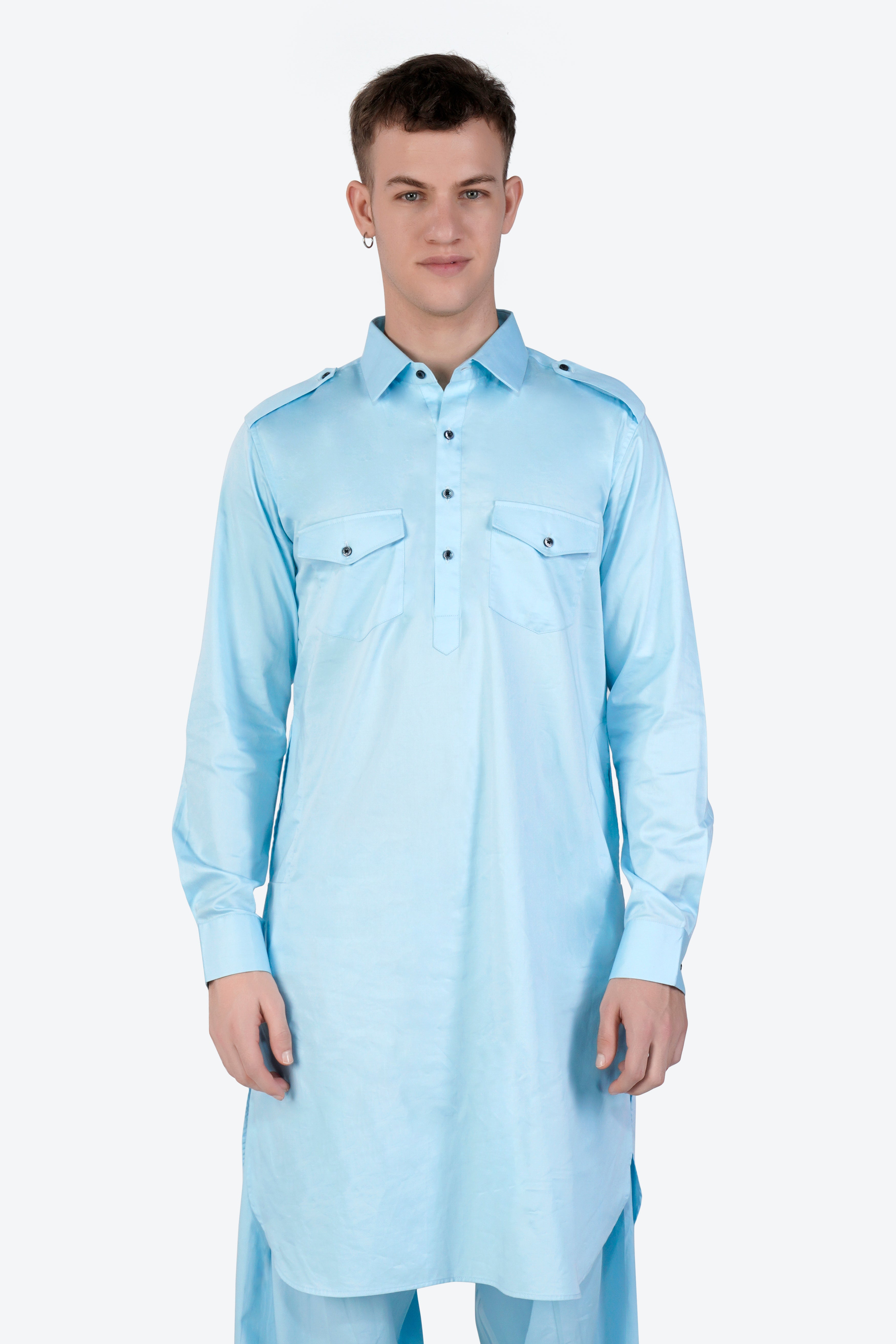 Turquoise Blue Subtle Sheen Super Soft Premium Cotton Pathani Set