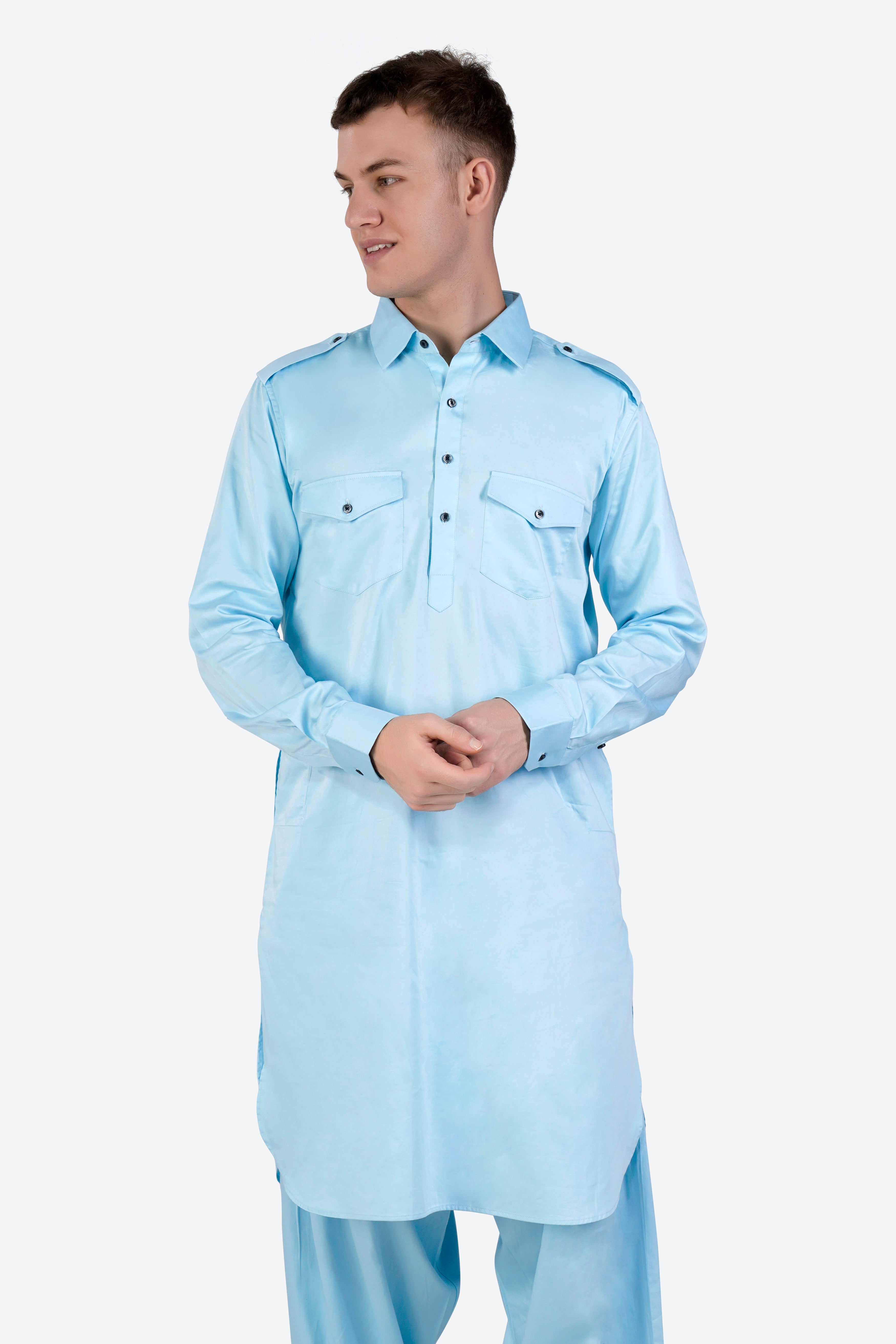 Turquoise Blue Subtle Sheen Super Soft Premium Cotton Pathani Set