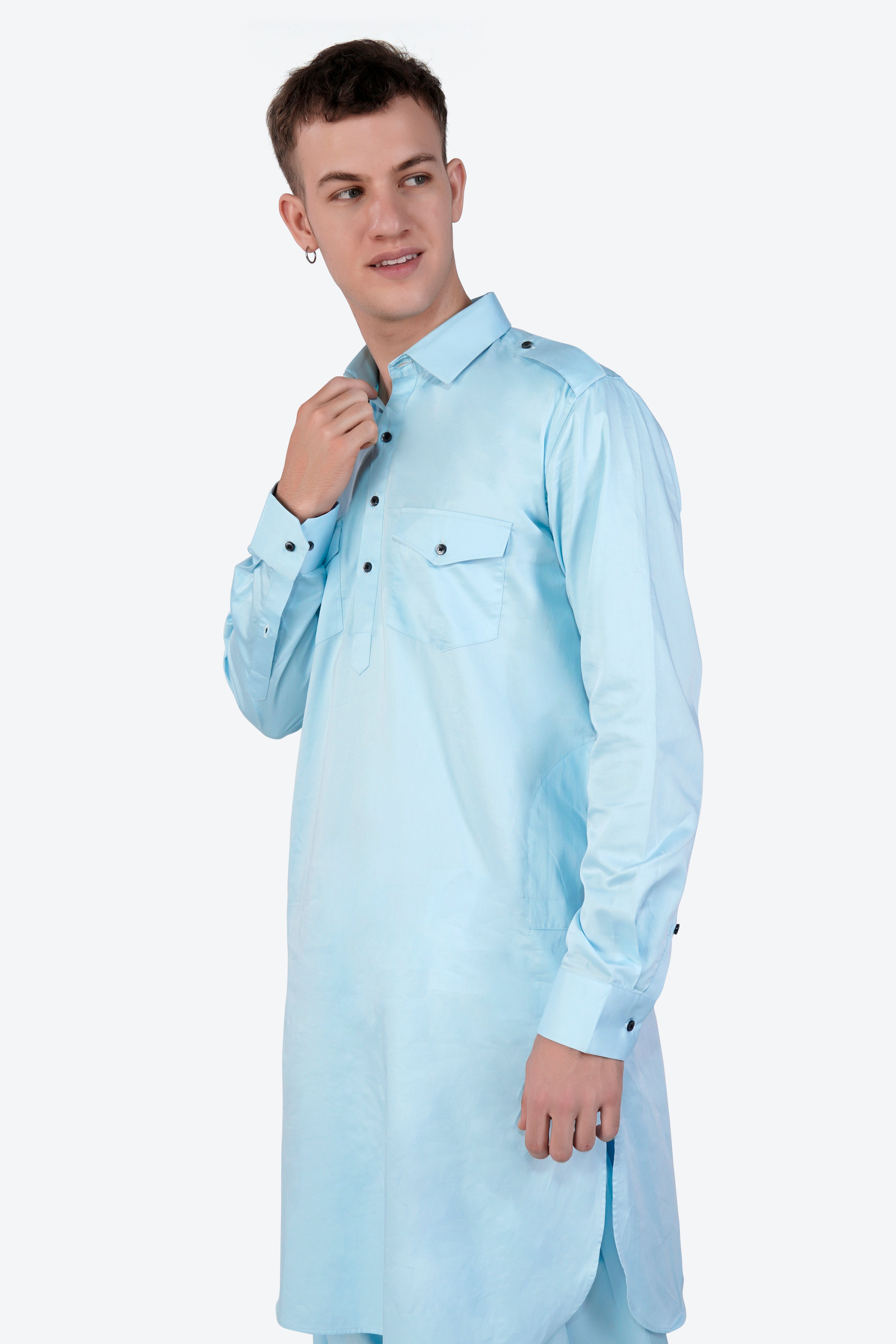 Turquoise Blue Subtle Sheen Super Soft Premium Cotton Pathani Set