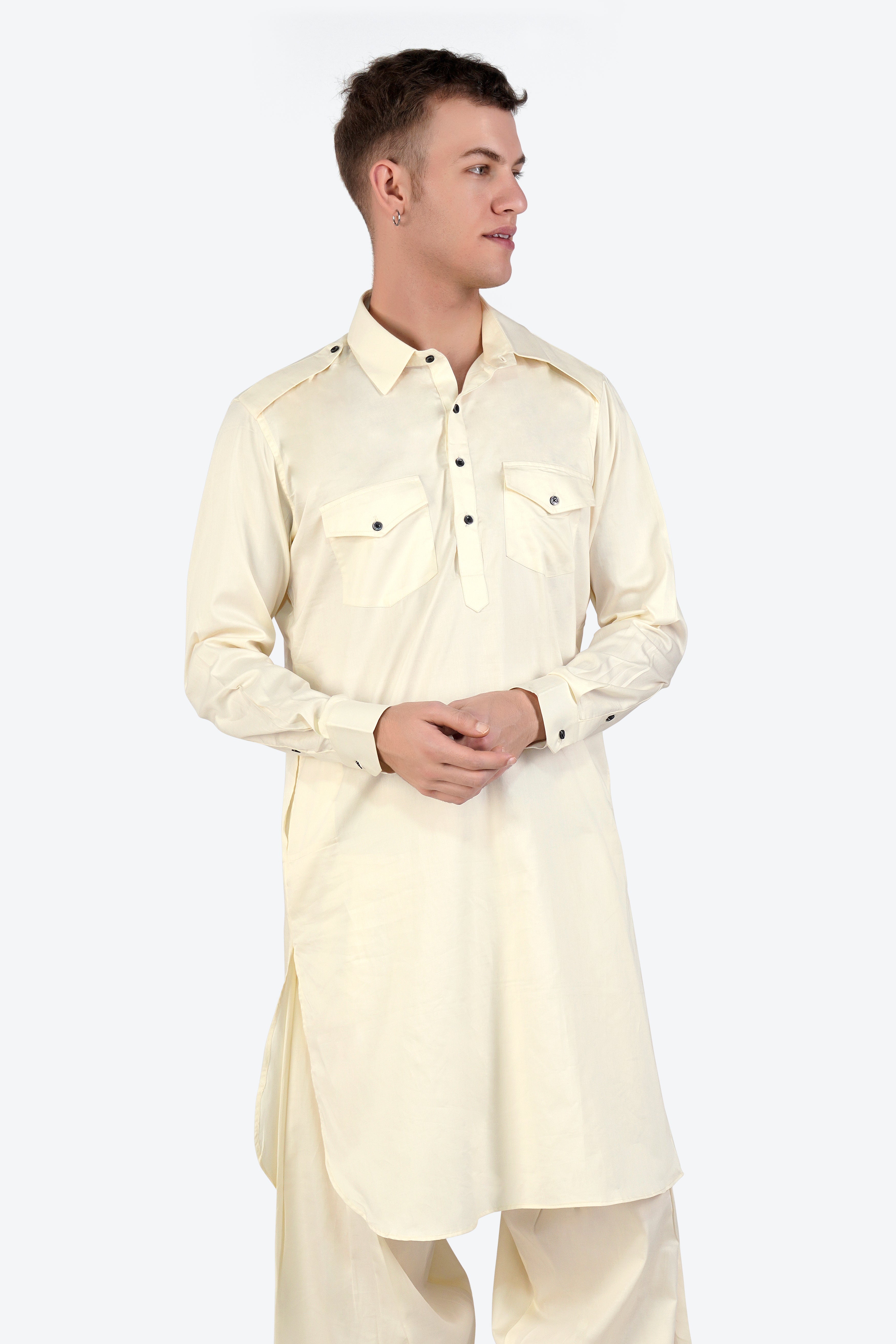 Merino Cream Subtle Sheen Super Soft Premium Cotton Pathani Set