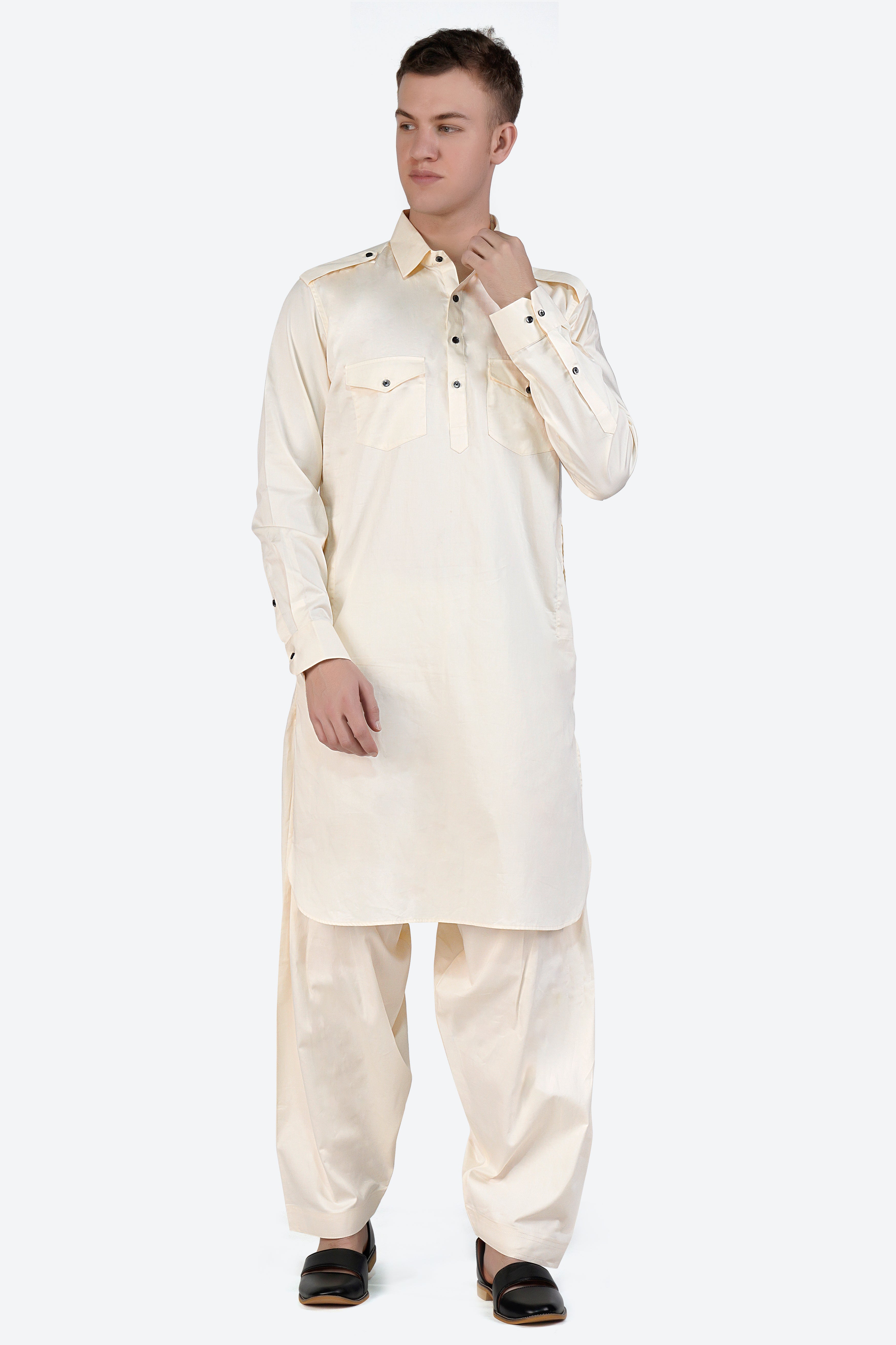 Fantasy Cream Subtle Sheen Super Soft Premium Cotton Pathani Set