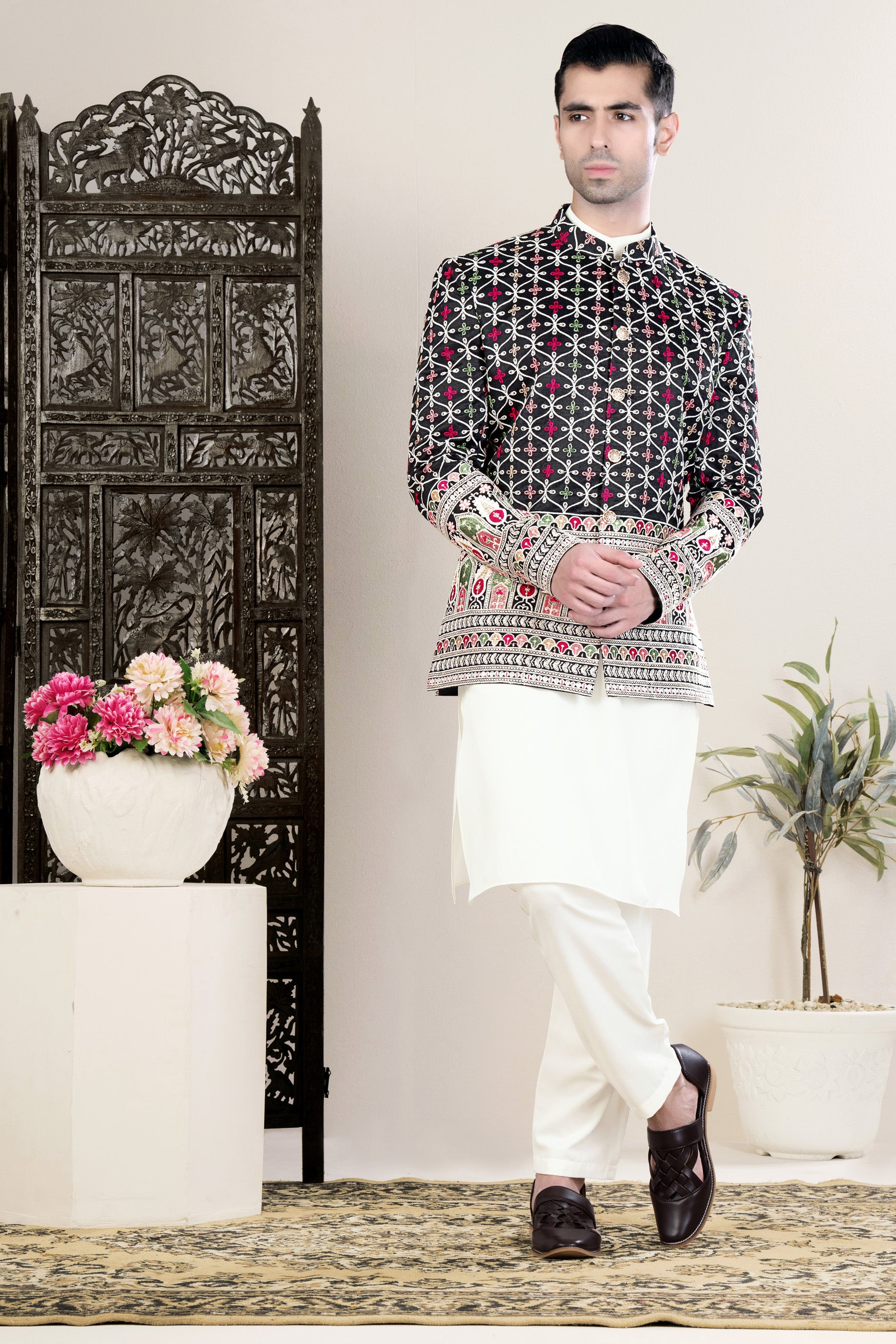 Jade Black and Sage Green Multicolour Ogee pattern Embroidered Jodhpuri