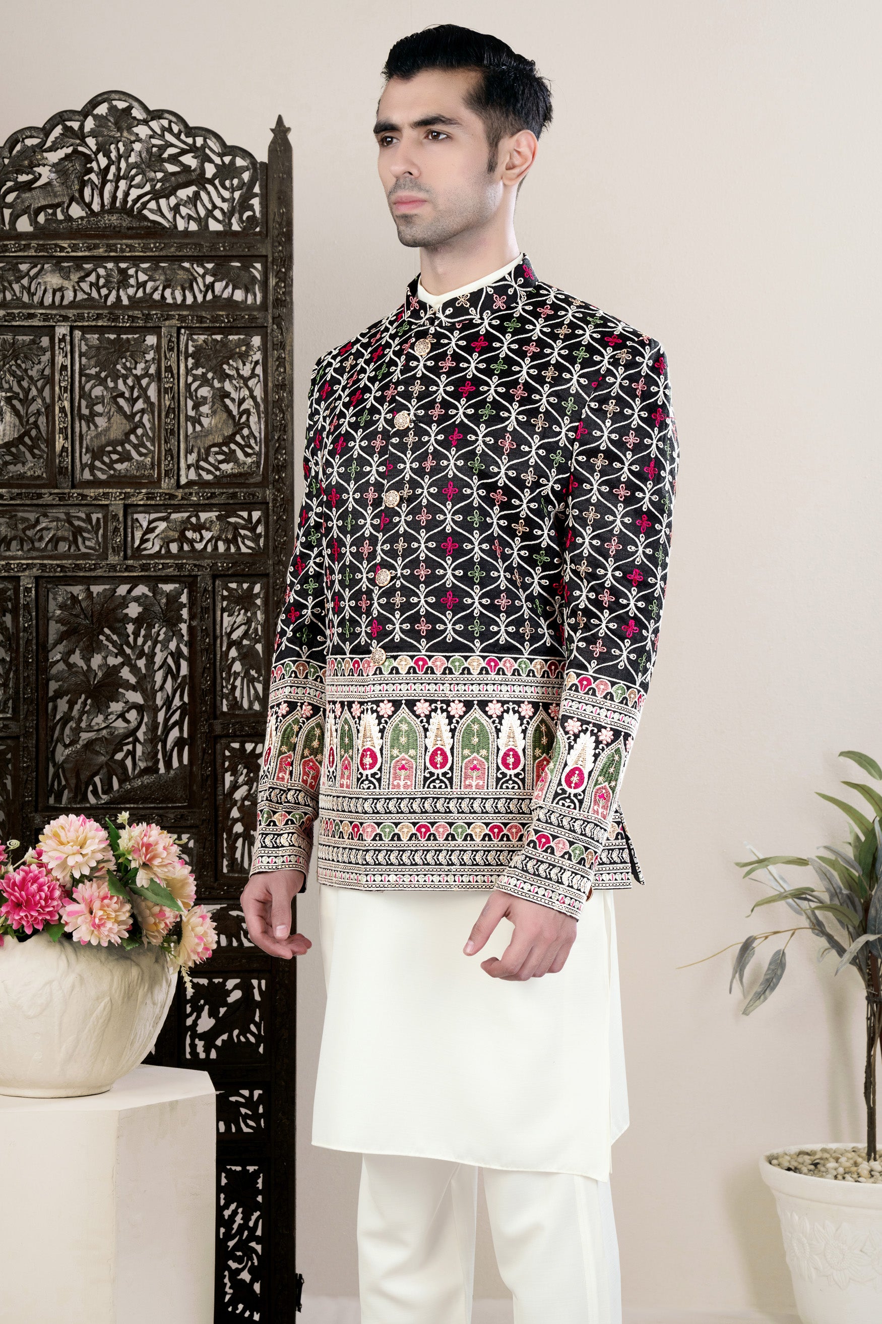 Jade Black and Sage Green Multicolour Ogee pattern Embroidered Jodhpuri