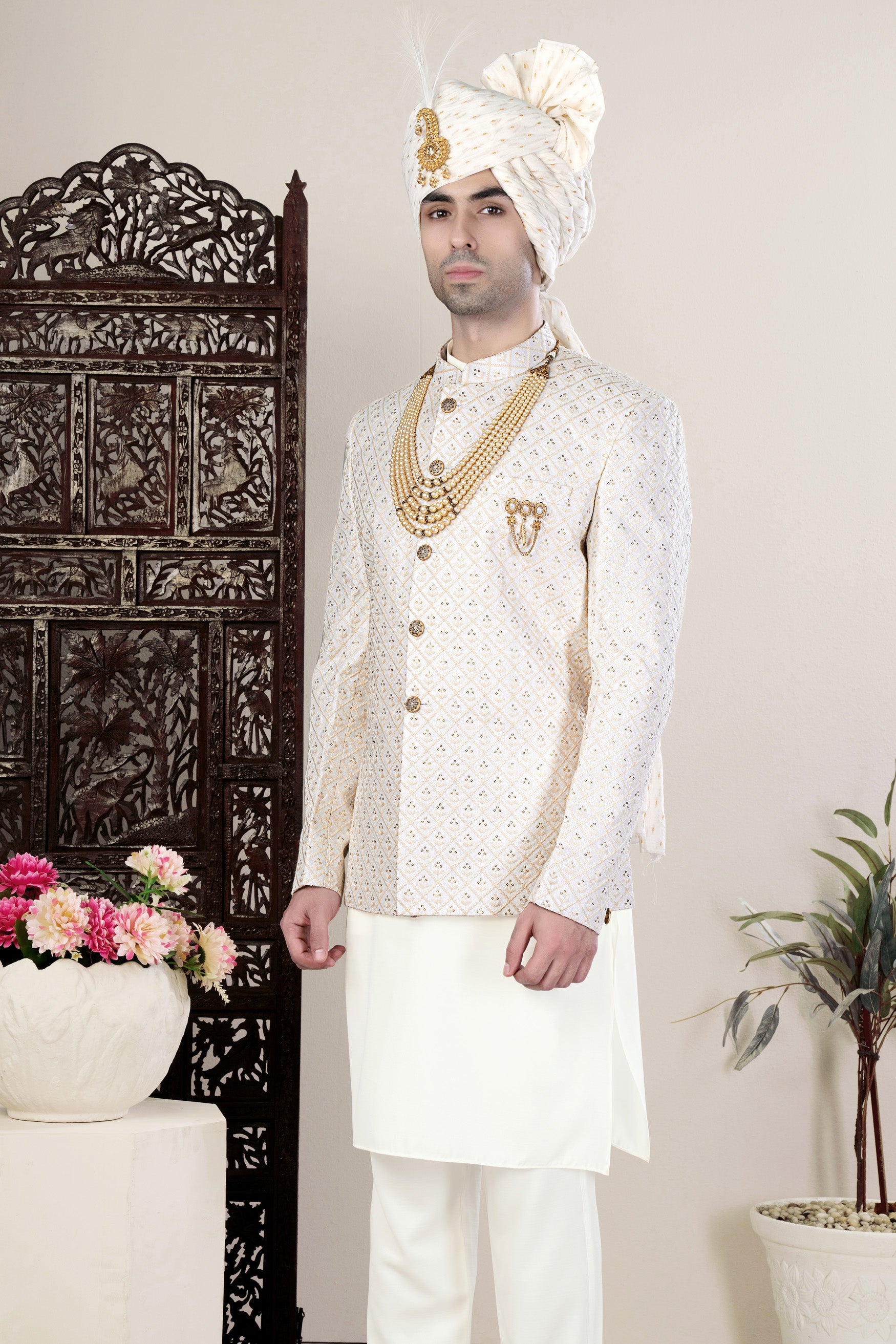 Bright White and Bone Beige Geometric Thread and Sequin Embroidered Jodhpuri