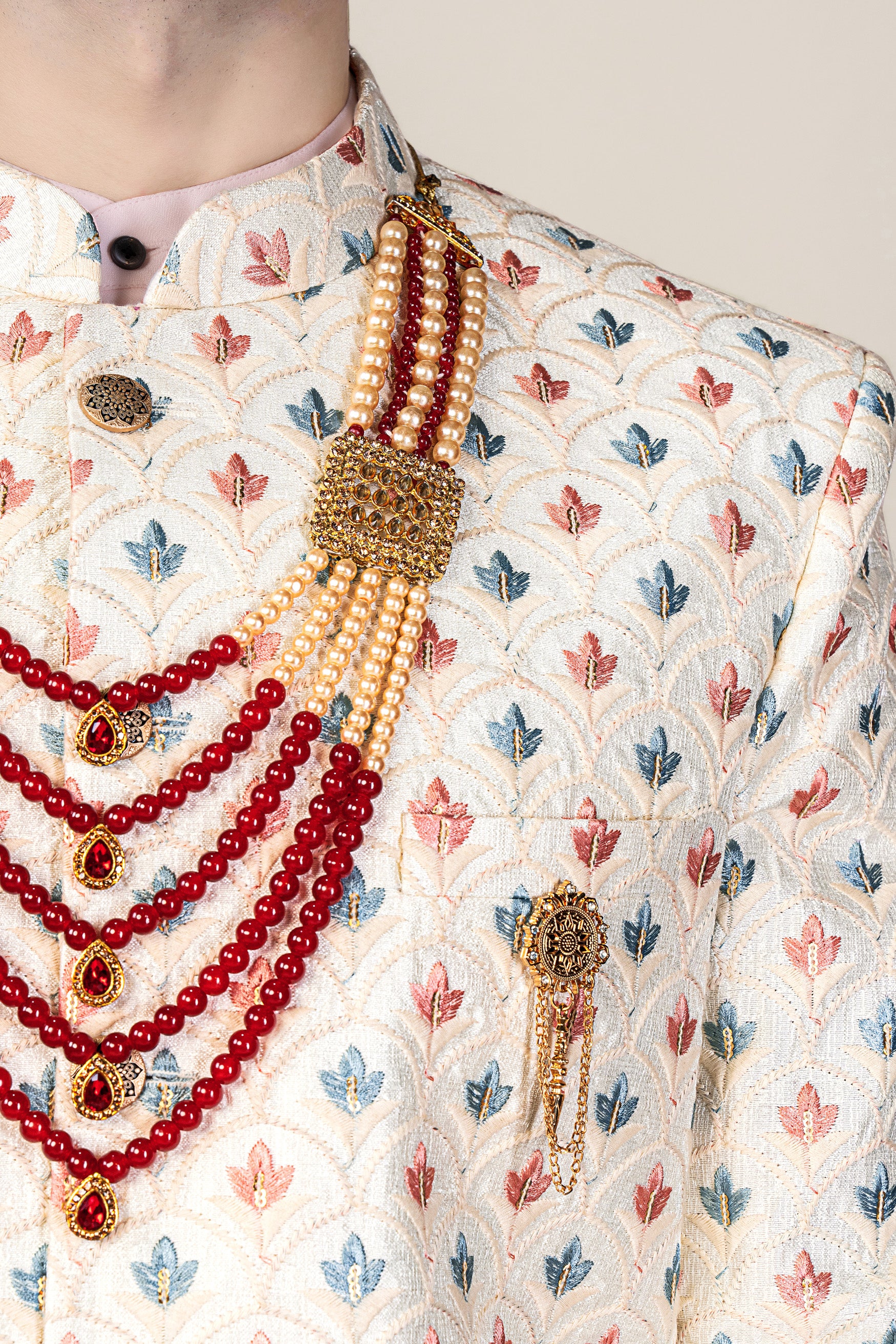 Ecru Cream and Heather Blue Multicolour Thread Embroidered Jodhpuri